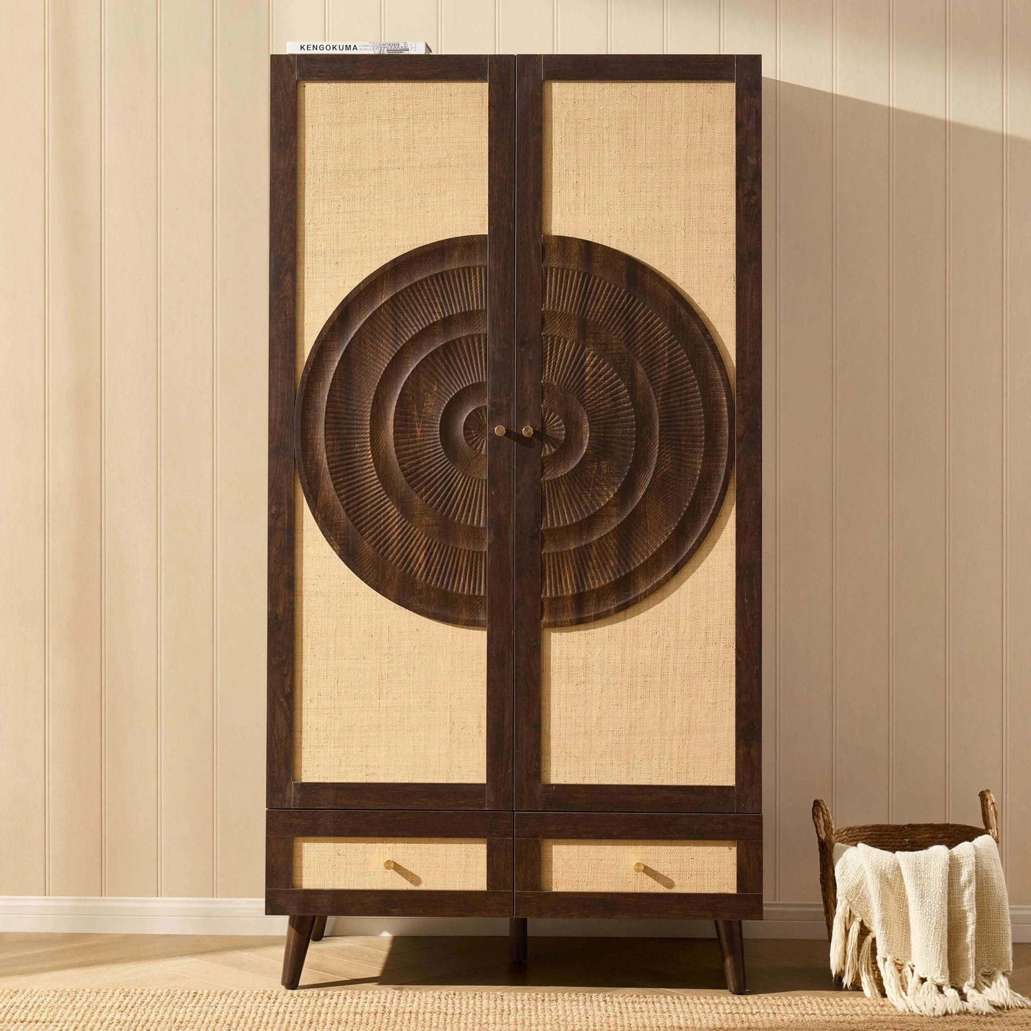 Raven Rattan 2 Door Wardrobe with Drawers - Walnut - Image 2
