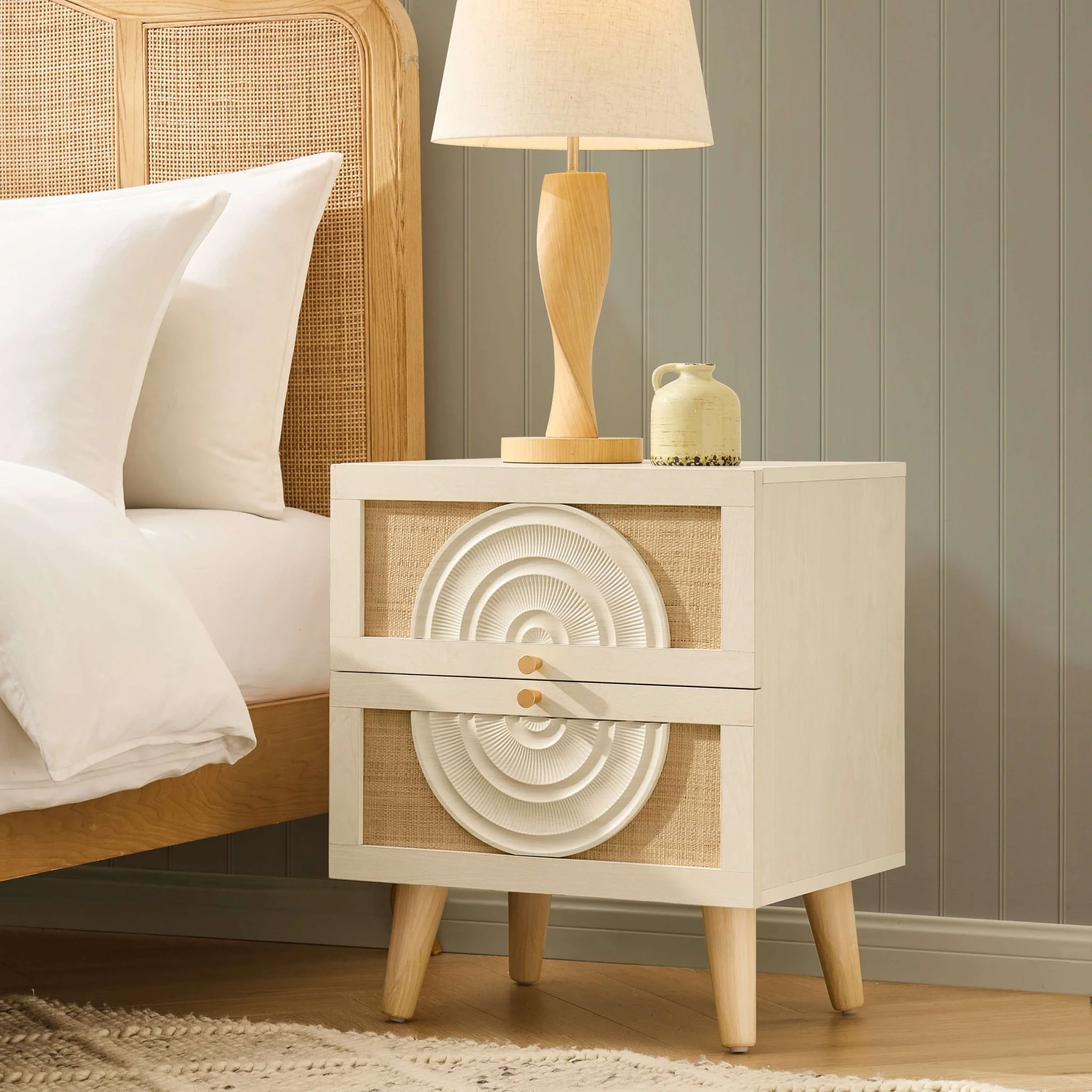Raven Rattan 2 Drawer Bedside Table - Cream Oak Effect