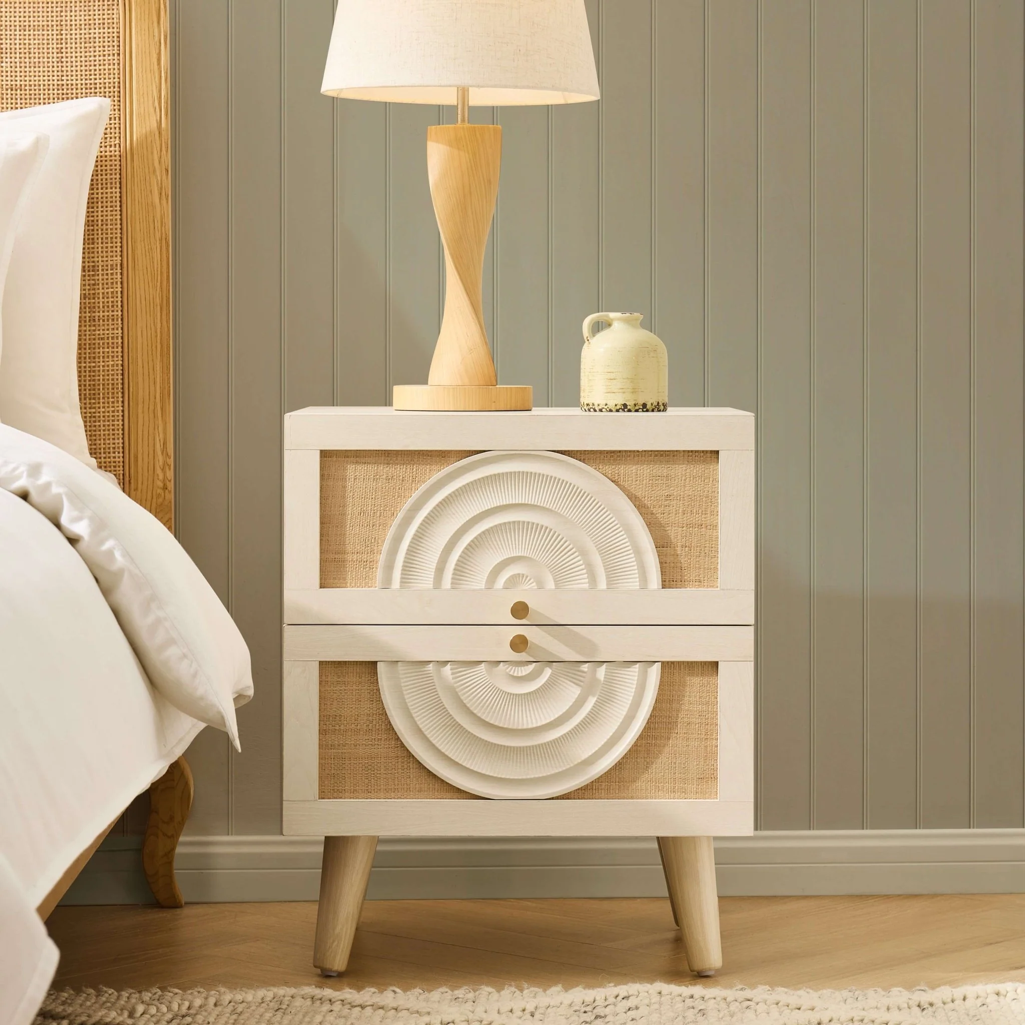 Raven Rattan 2 Drawer Bedside Table - Cream Oak Effect - Image 2