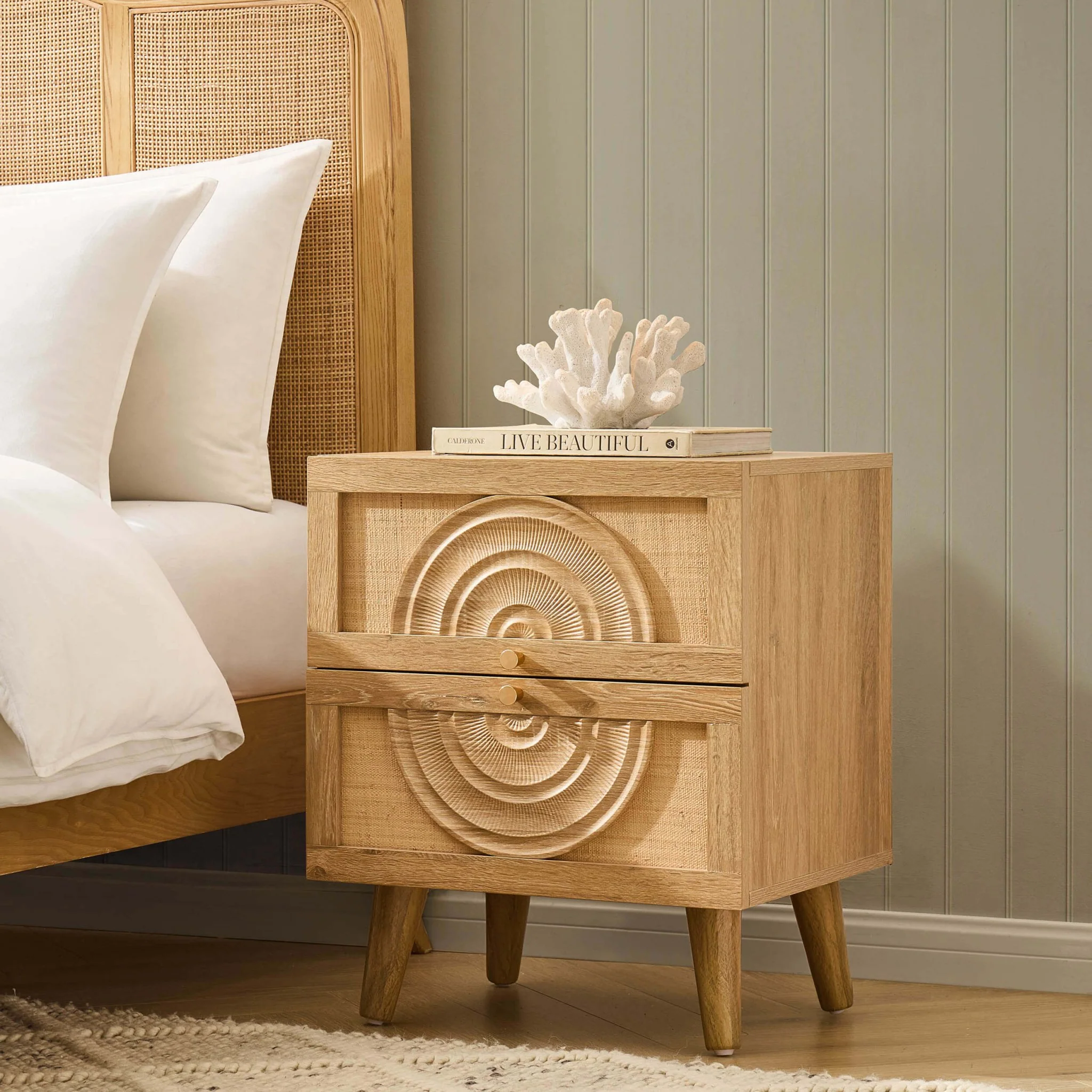 Raven Rattan 2 Drawer Bedside Table - Light Wood