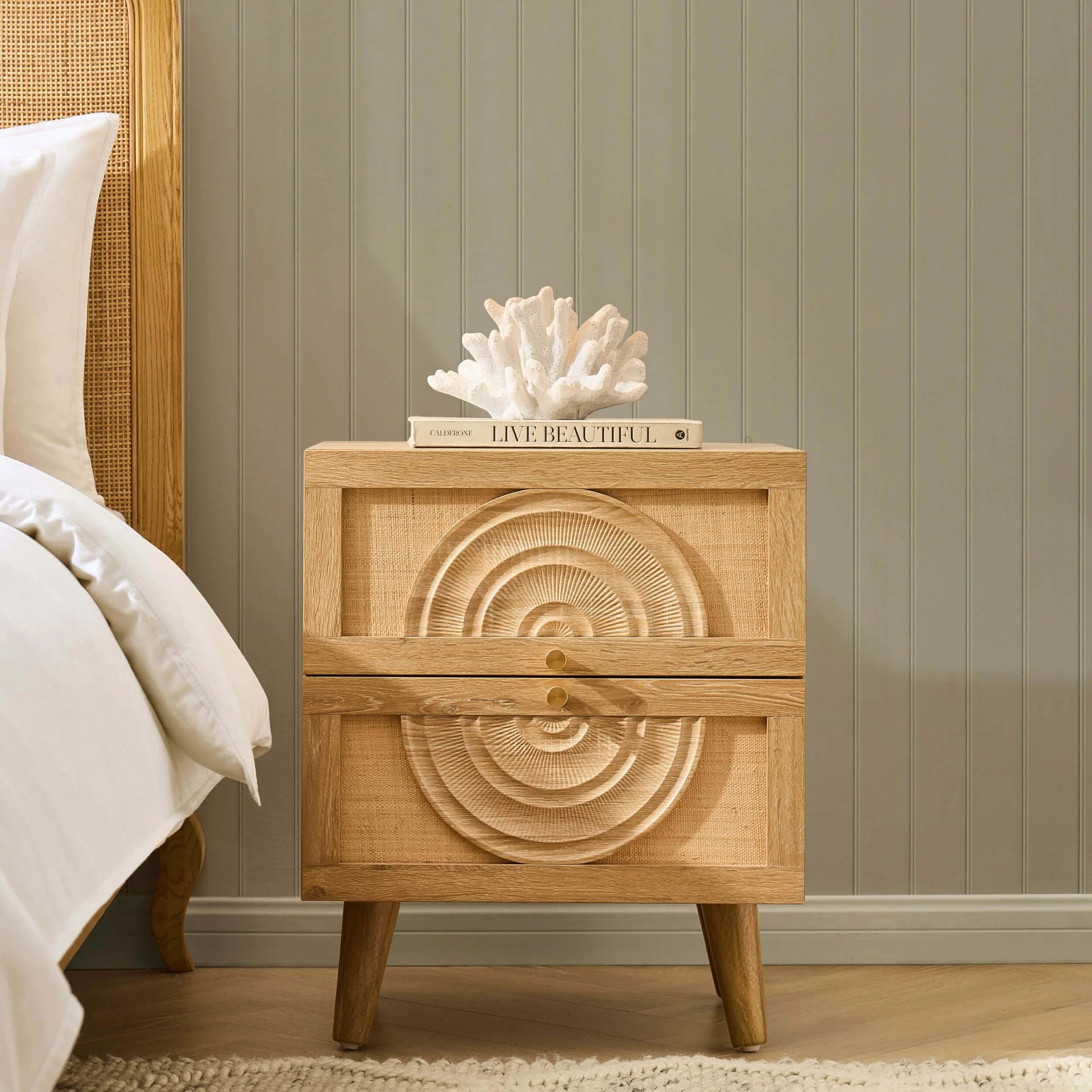 Raven Rattan 2 Drawer Bedside Table - Light Wood - Image 2