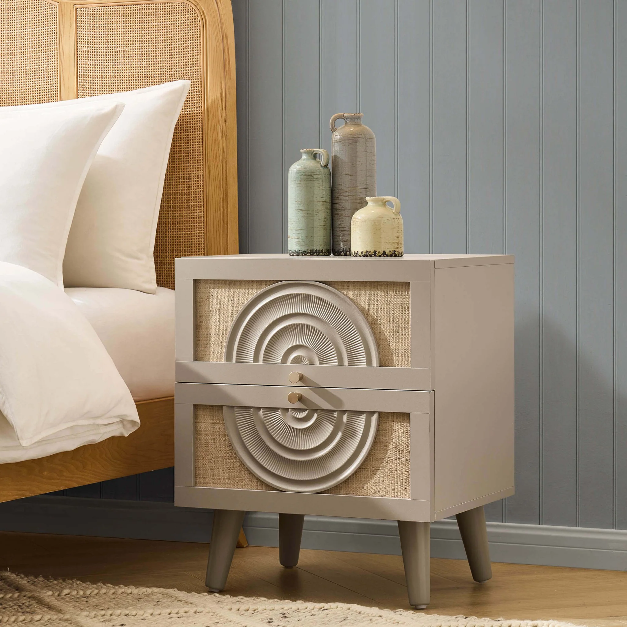 Raven Rattan 2 Drawer Bedside Table - Taupe