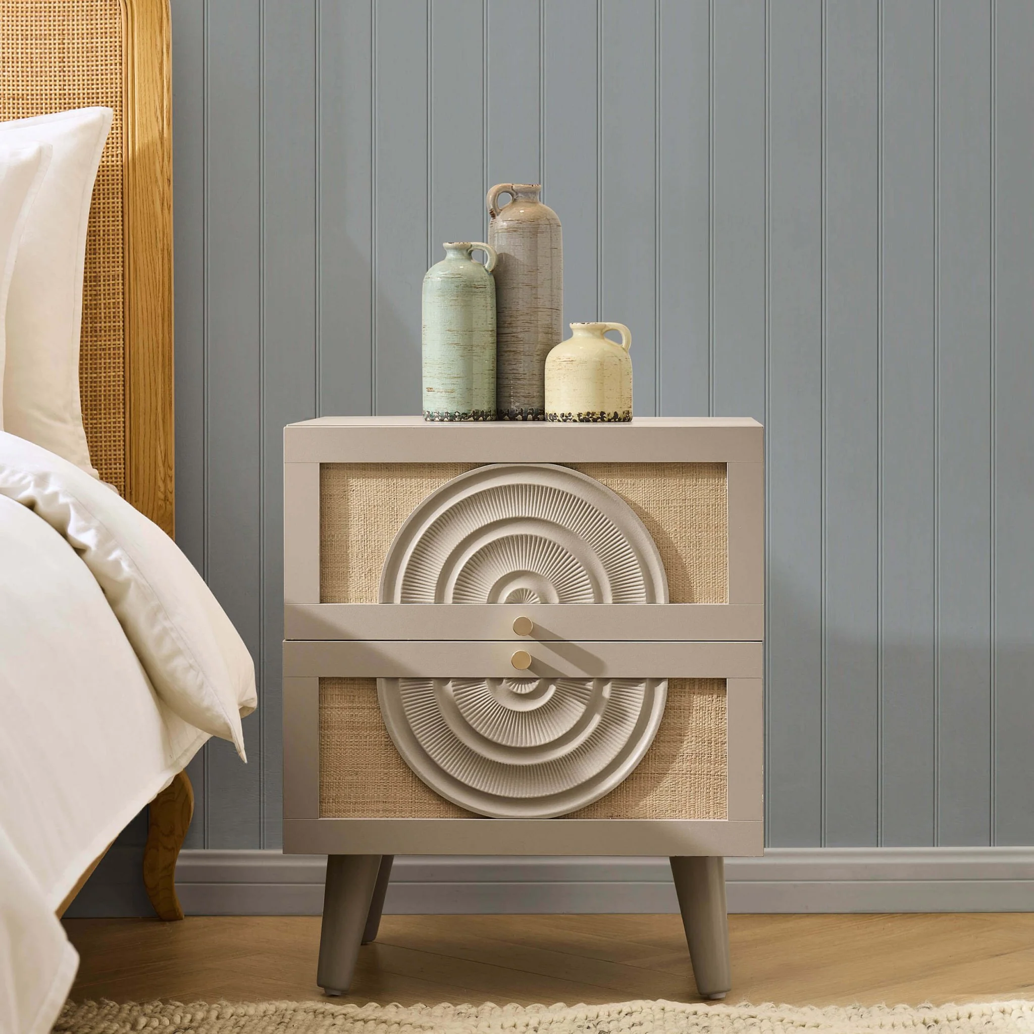 Raven Rattan 2 Drawer Bedside Table - Taupe - Image 2