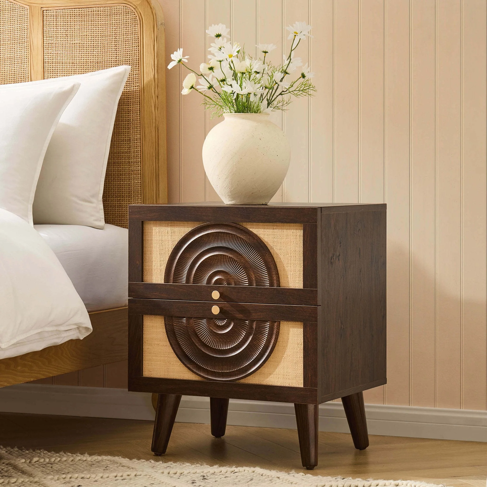 Raven Rattan 2 Drawer Bedside Table - Walnut