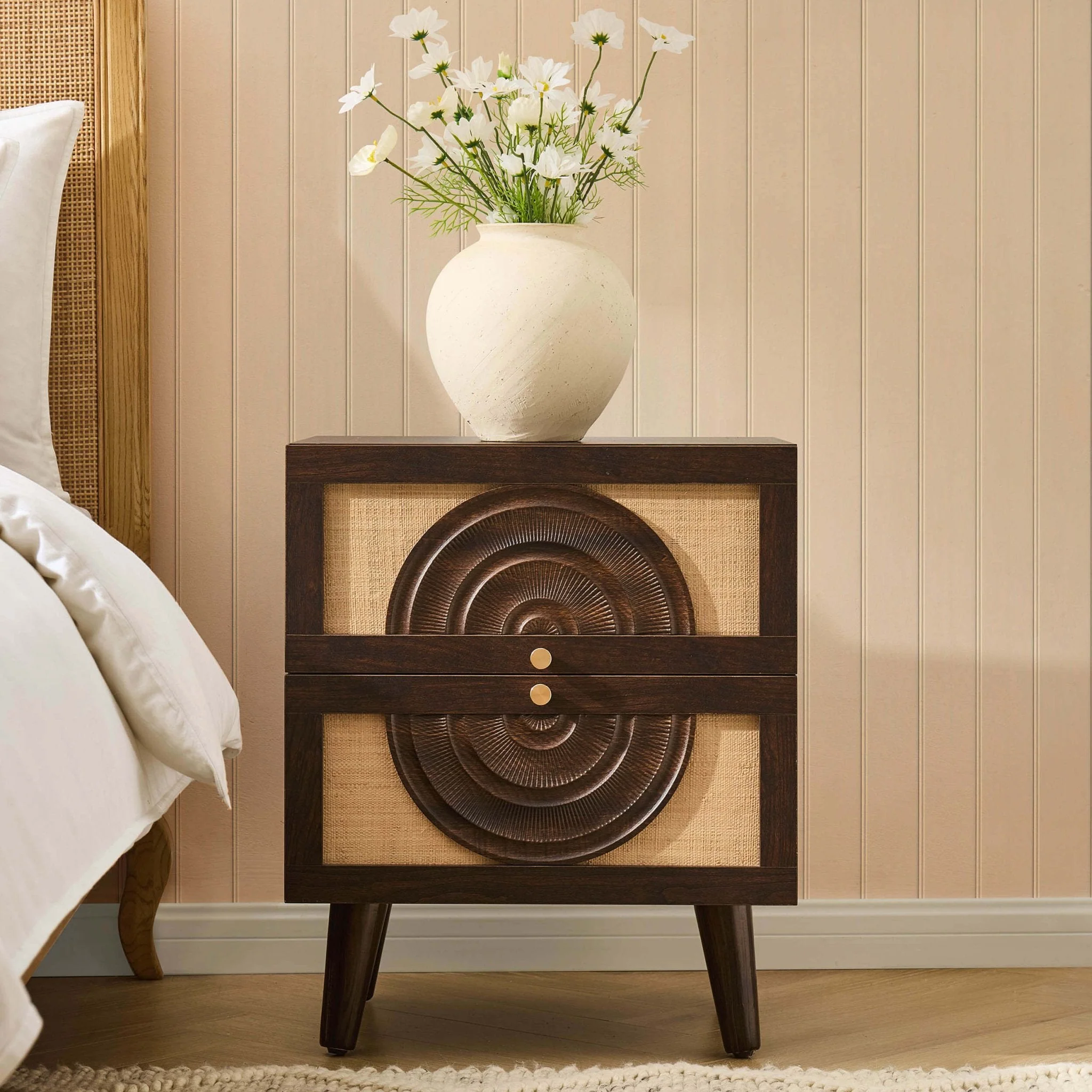 Raven Rattan 2 Drawer Bedside Table - Walnut - Image 2