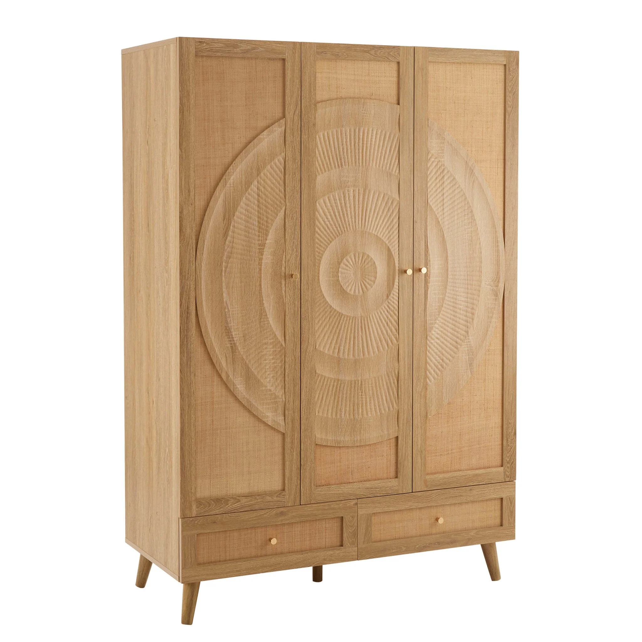 Raven Rattan 3 Door Wardrobe with Drawers - Light Wood - Image 3