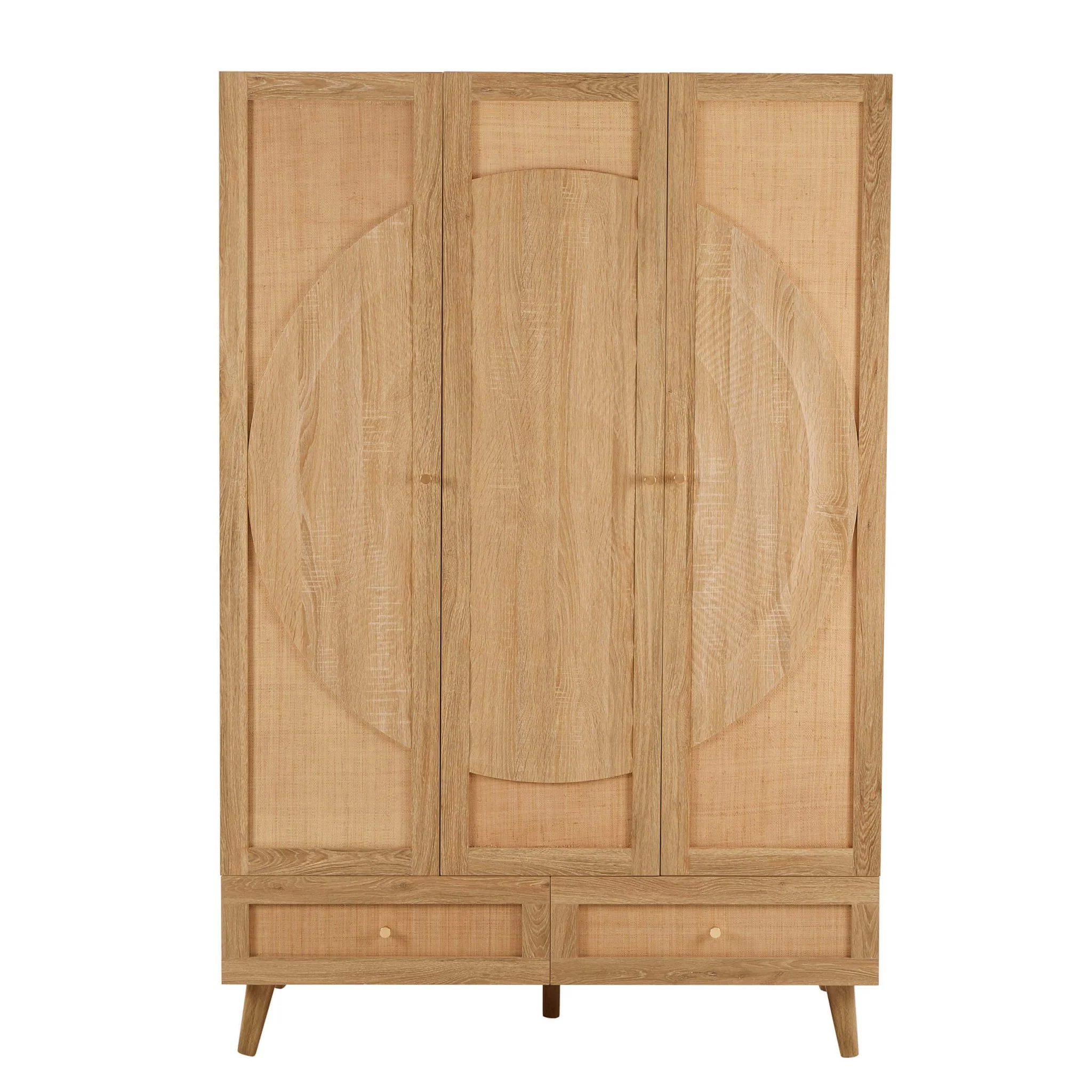 Raven Rattan 3 Door Wardrobe with Drawers - Light Wood - Image 4