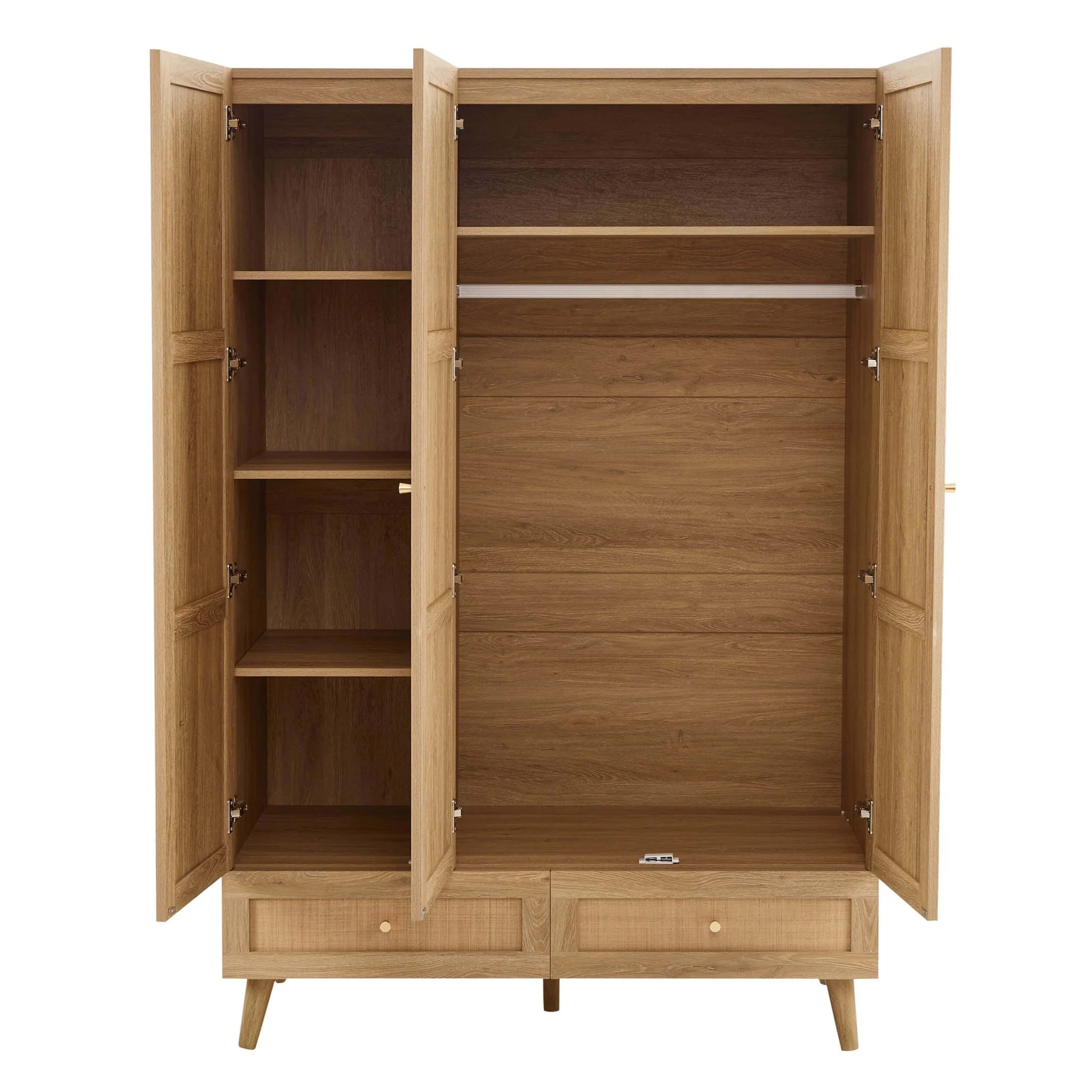 Raven Rattan 3 Door Wardrobe with Drawers - Light Wood - Image 5