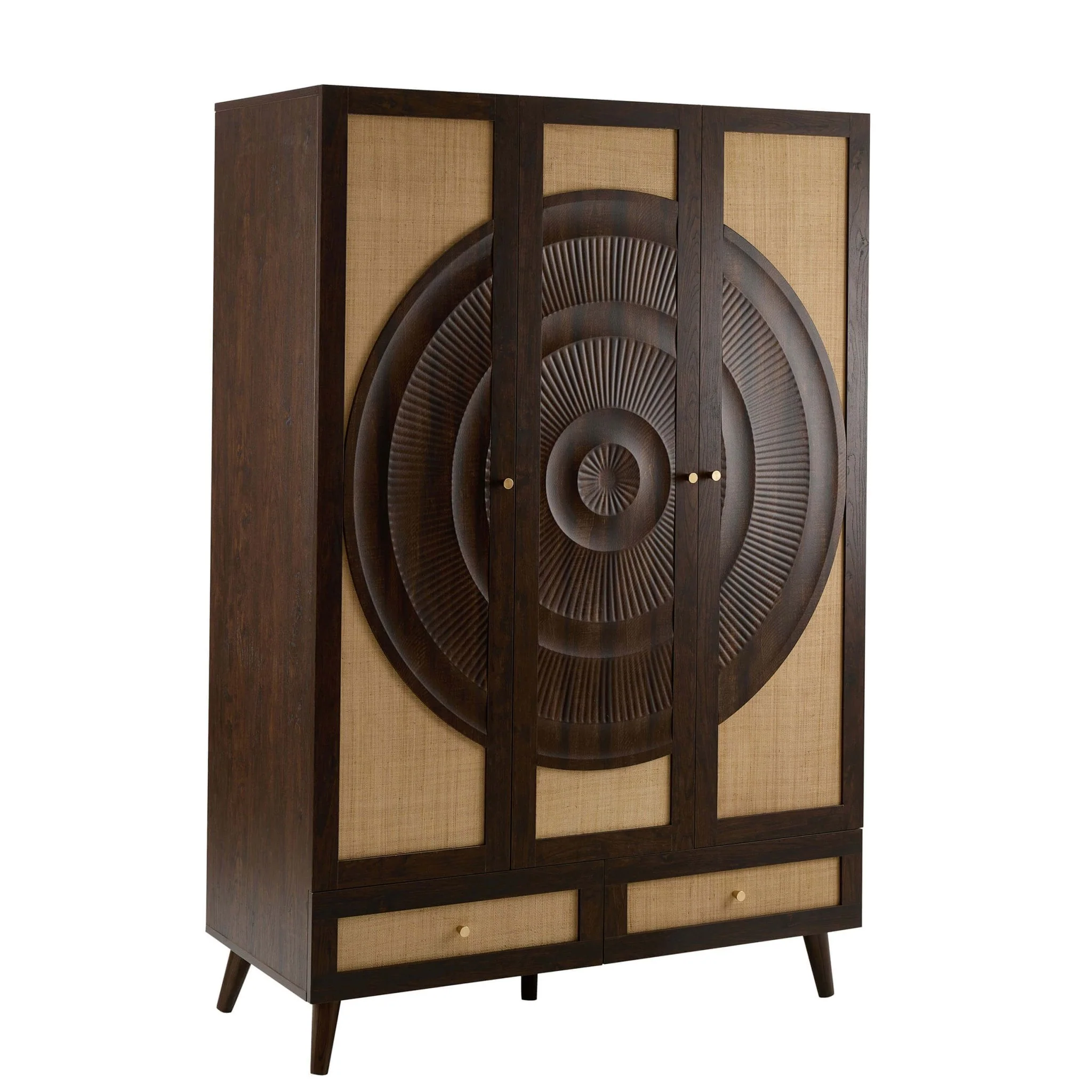 Raven Rattan 3 Door Wardrobe with Drawers - Walnut - Image 3