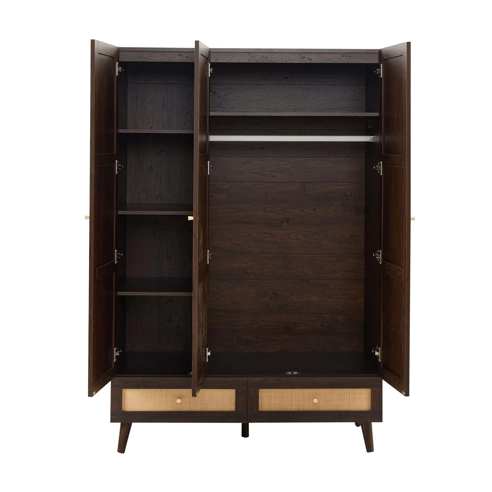 Raven Rattan 3 Door Wardrobe with Drawers - Walnut - Image 5