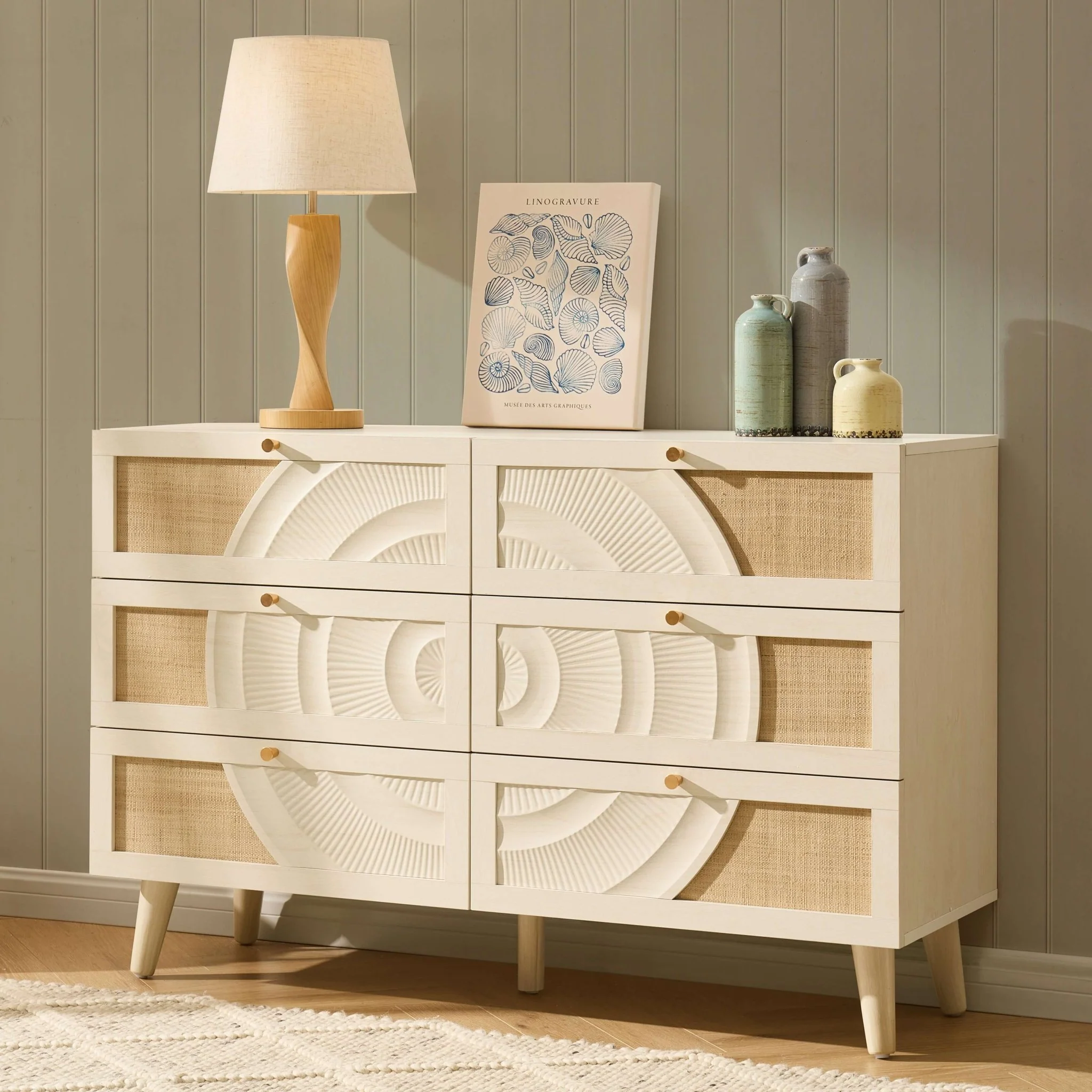 Raven Rattan 6 Drawer Chest - Cream Oak Effect