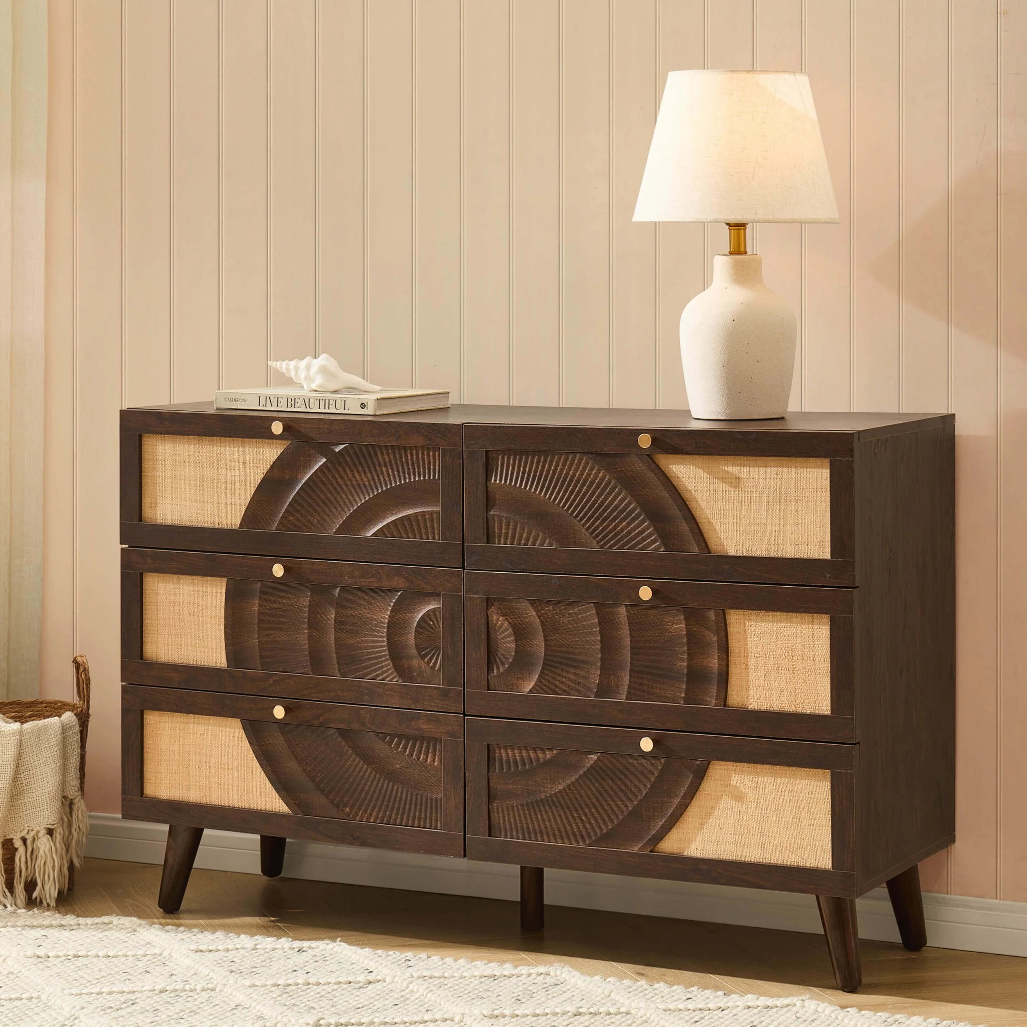 Raven Rattan 6 Drawer Chest - Walnut