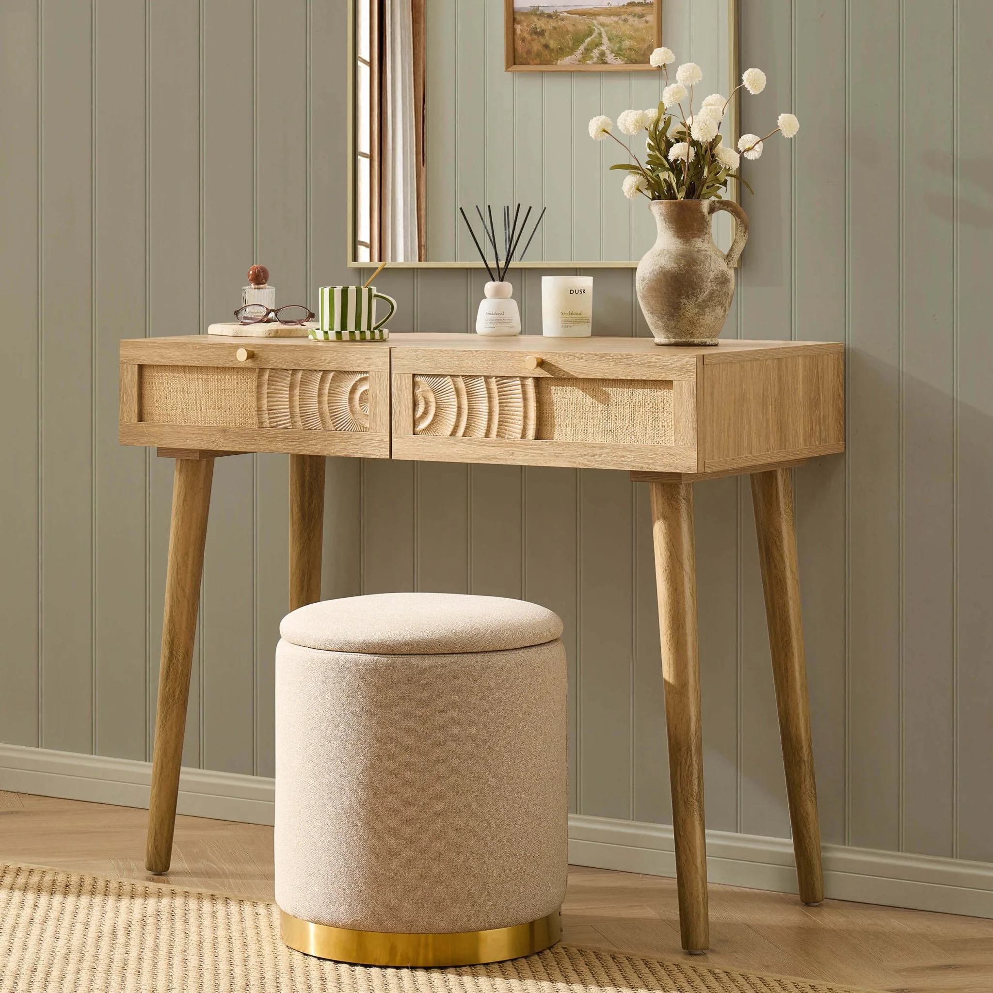 Raven Rattan Dressing Table with Drawers - Light Wood
