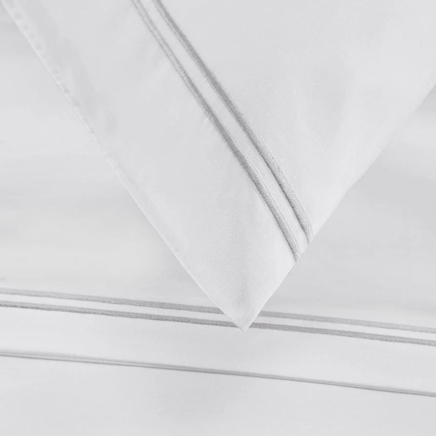 Regent Embroidered 100% Cotton Pair of Classic Pillowcases 400 Thread Count - Grey - Image 2