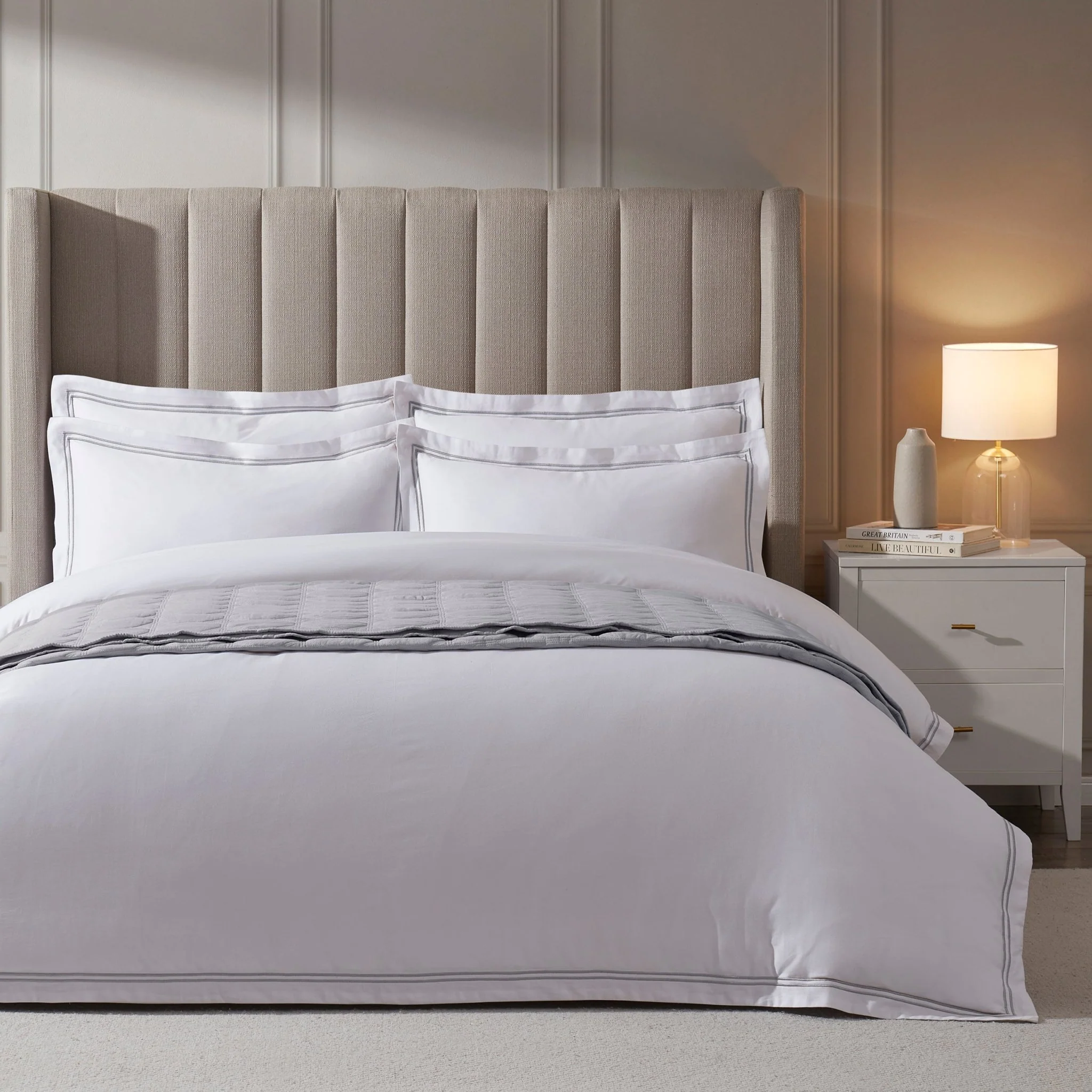 Regent Embroidered 100% Cotton Pair of Oxford Pillowcases 400 Thread Count - Grey - Image 5
