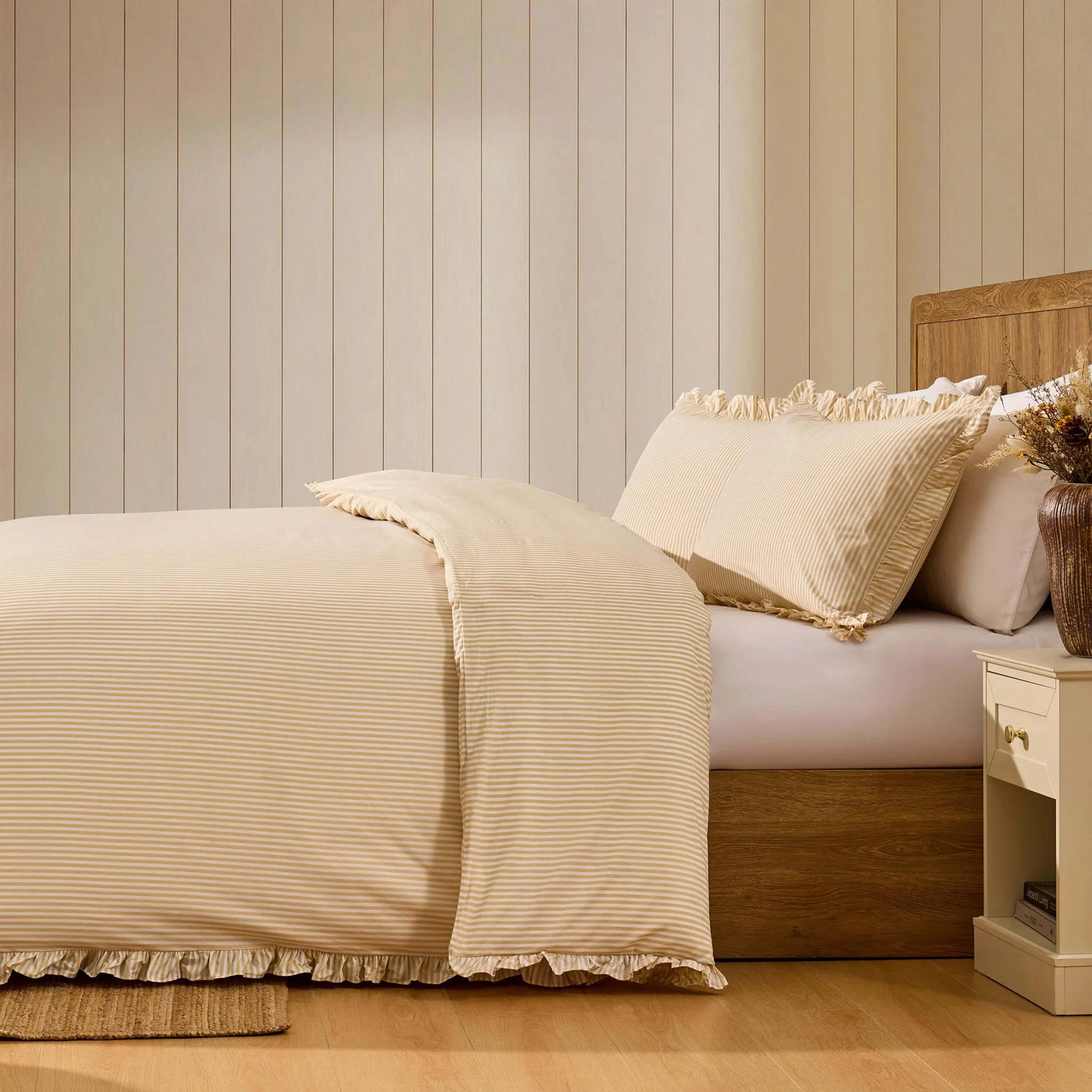 Remy 200 Thread Count Shirting Stripe Print Ruffle Edge Duvet Cover Set - Buttermilk - Image 2