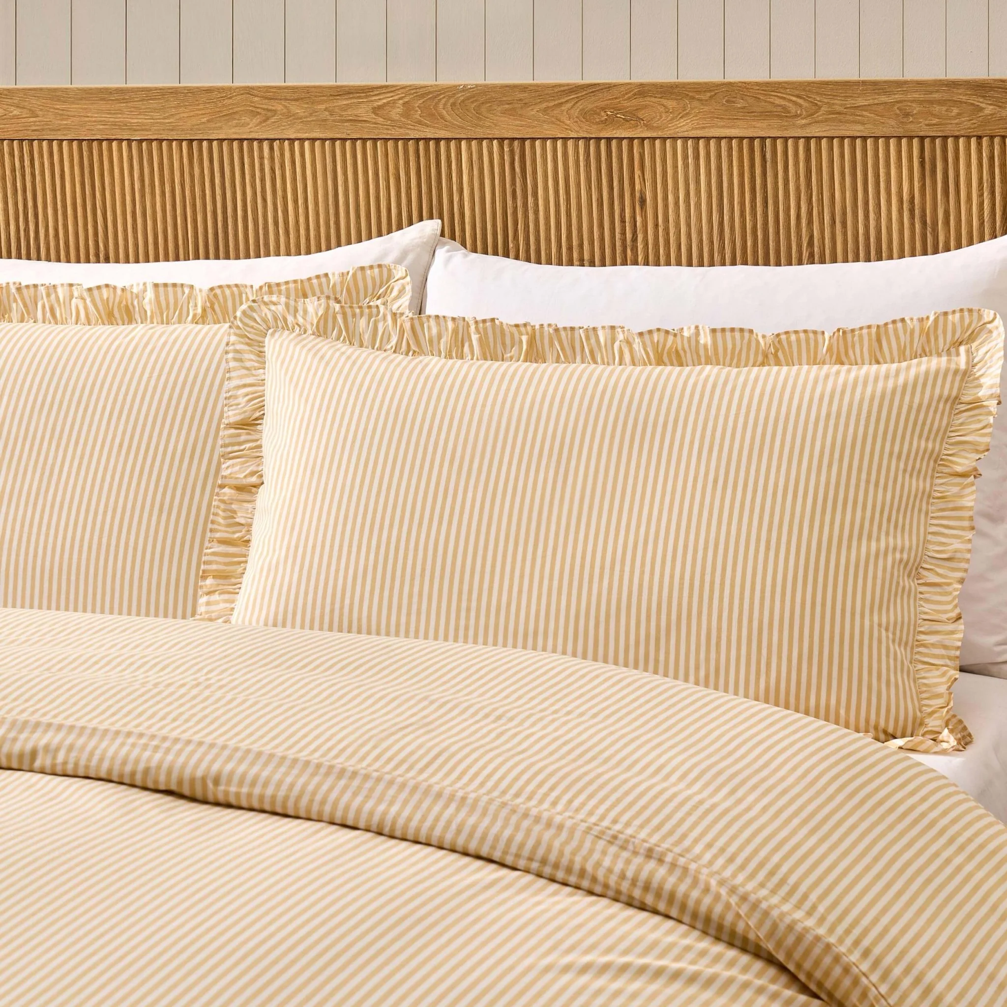 Remy 200 Thread Count Shirting Stripe Print Ruffle Edge Duvet Cover Set - Buttermilk - Image 3