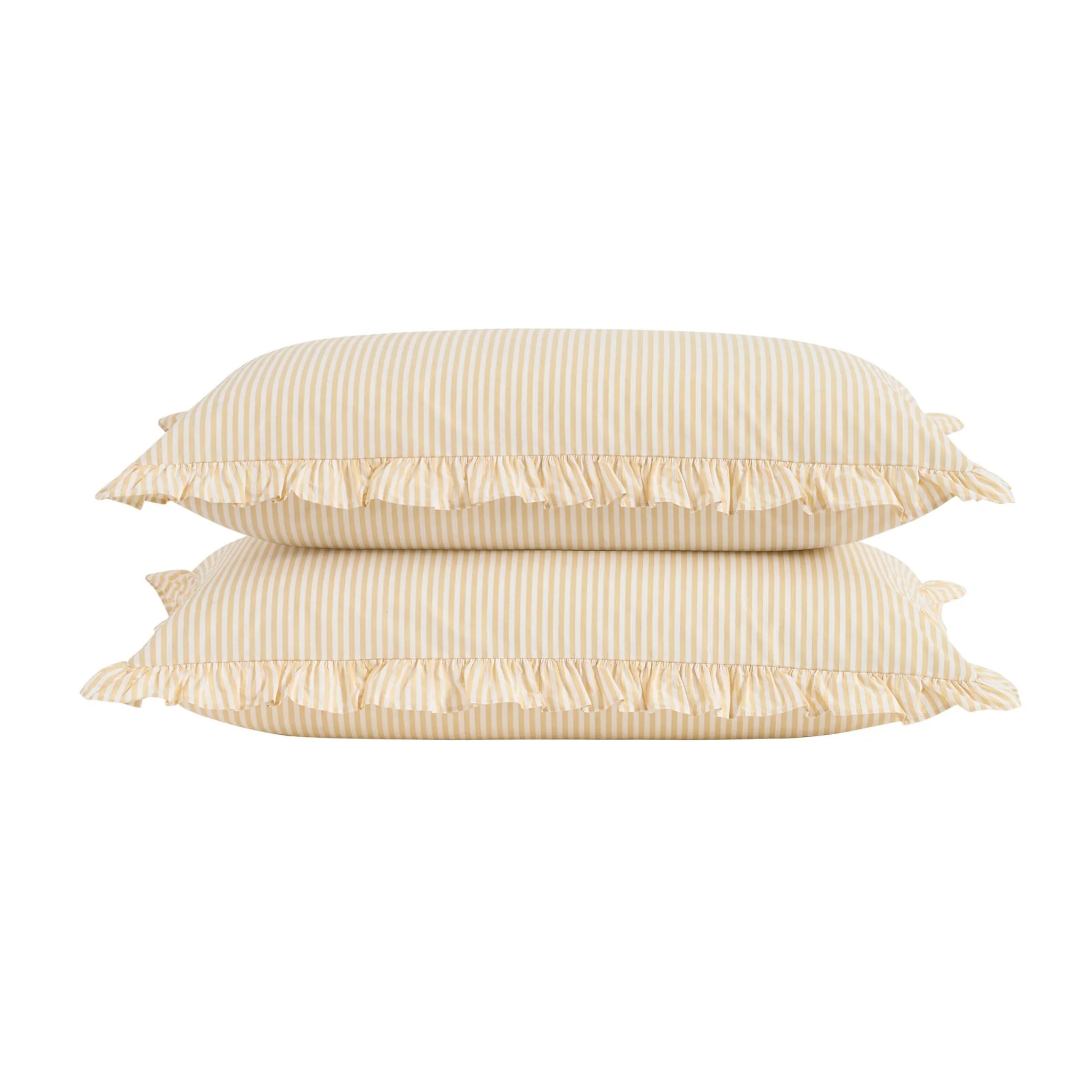 Remy 200 Thread Count Shirting Stripe Print Ruffle Edge Duvet Cover Set - Buttermilk - Image 9