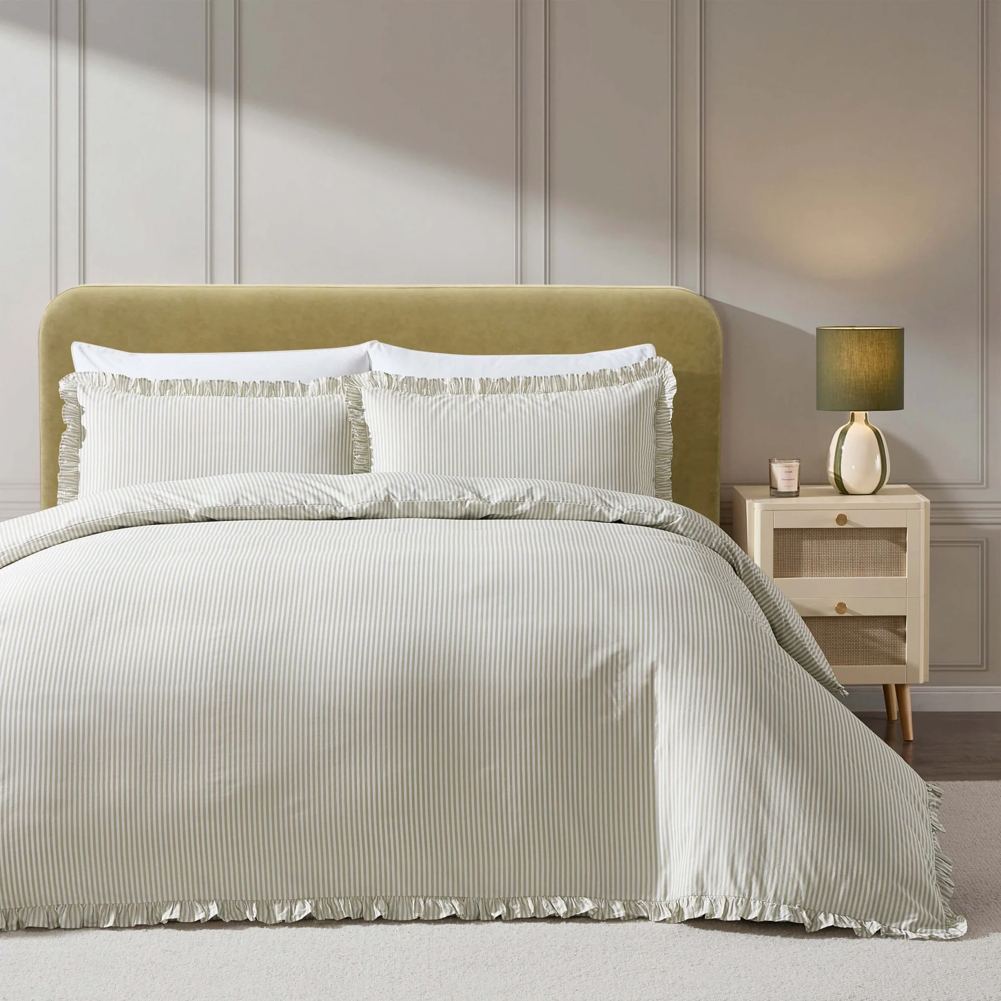 Remy 200 Thread Count Stripe Duvet Cover & Pillowcase Set - Olive