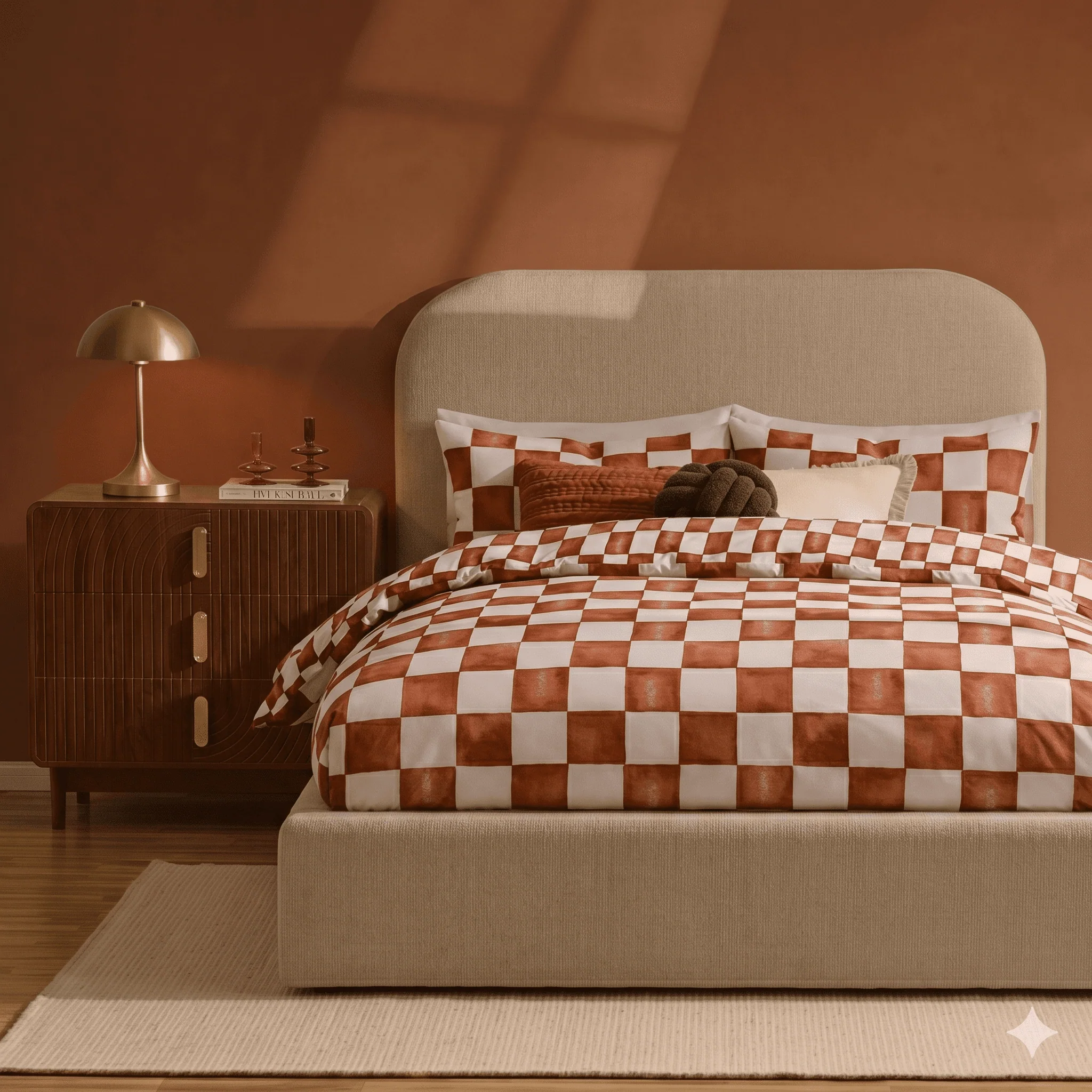 Retro Checkerboard 100% Cotton Duvet Cover & Pillowcase Set - Burnt Orange
