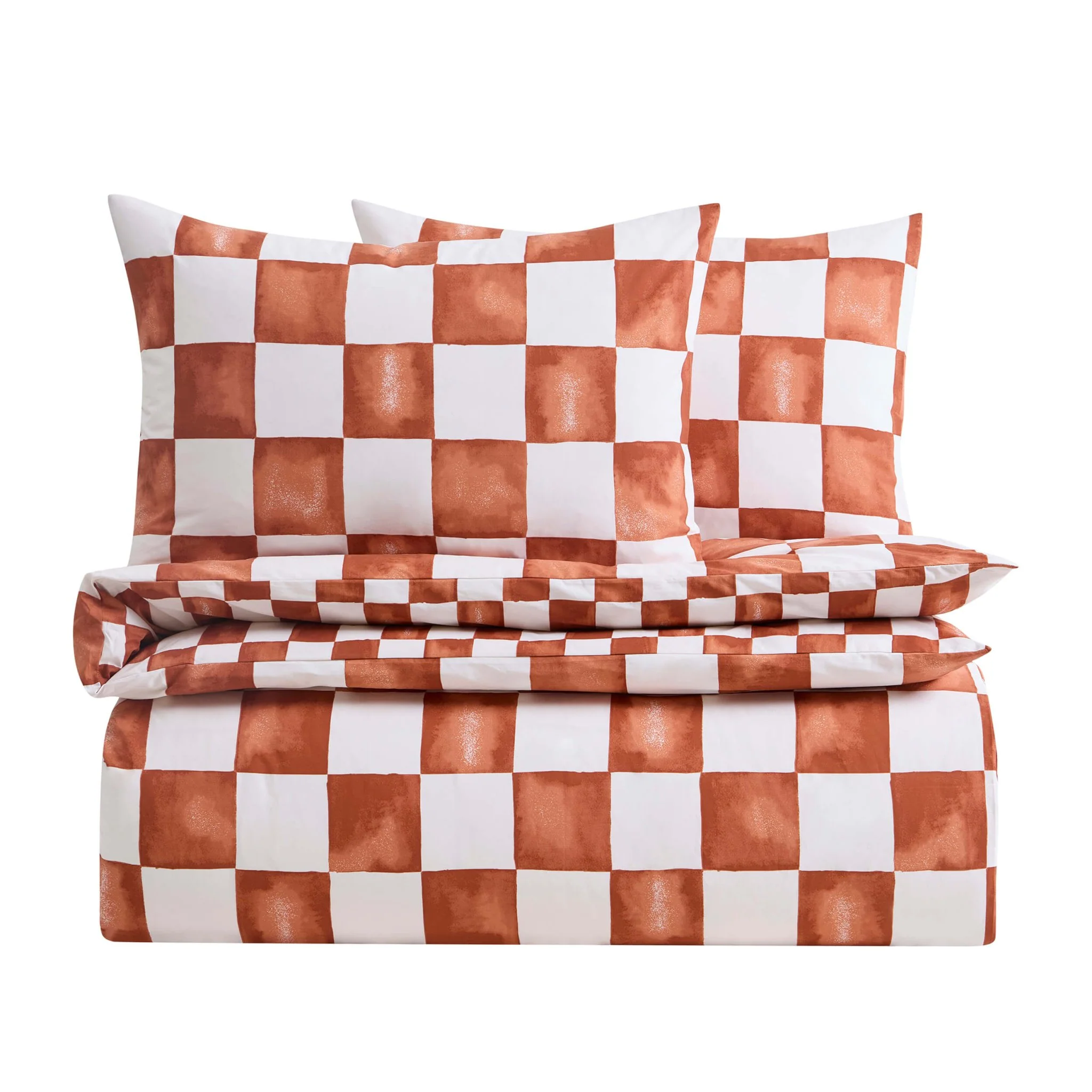 Retro Checkerboard 100% Cotton Duvet Cover & Pillowcase Set - Burnt Orange - Image 5