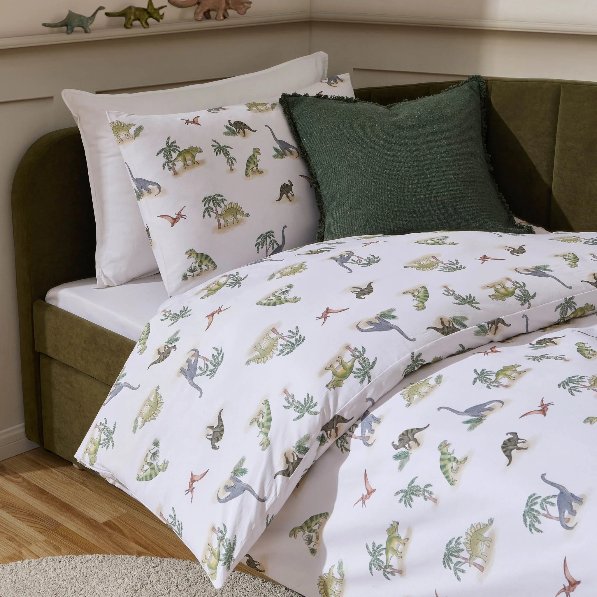 Riley 100% Cotton Dino Print Duvet Cover Set - Green
