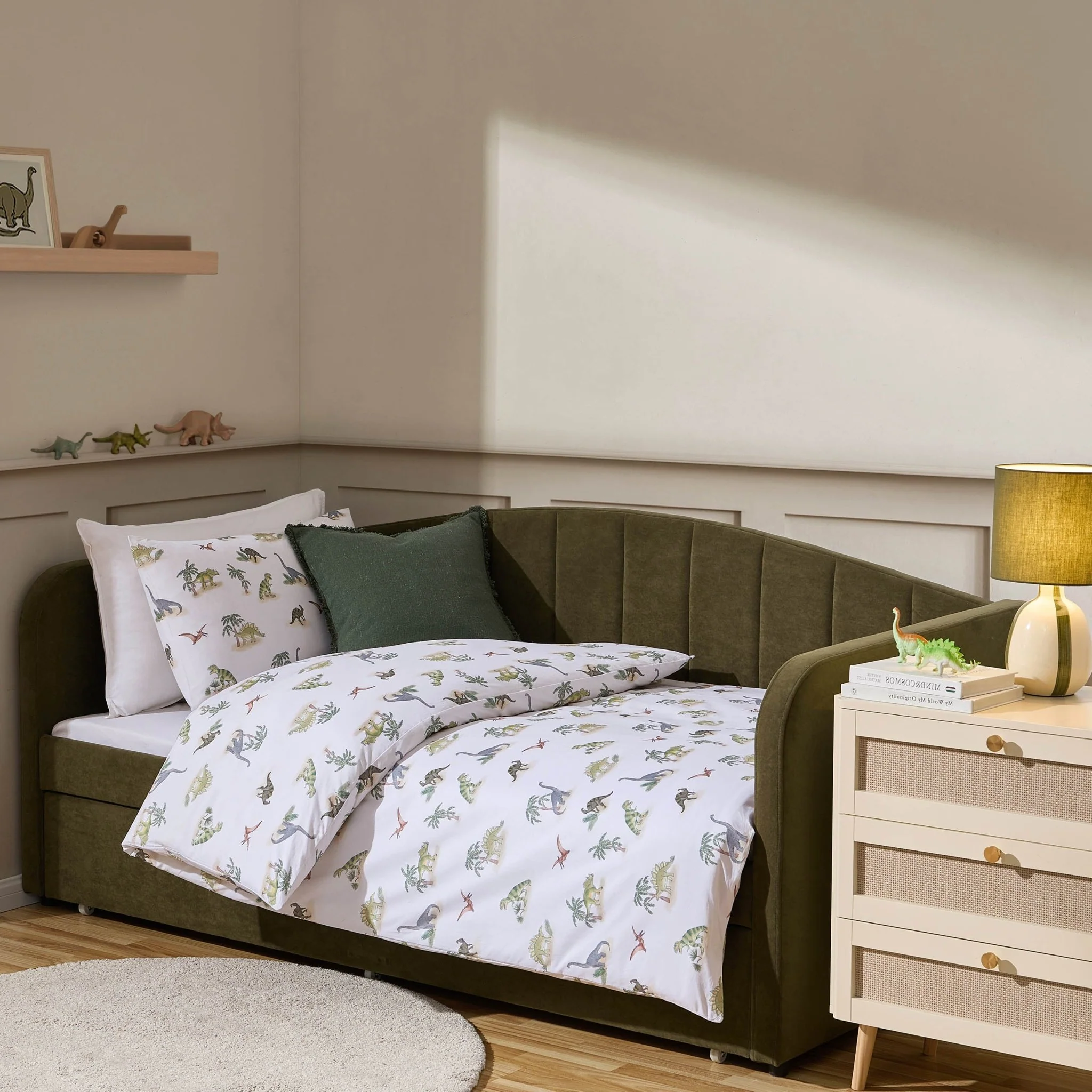 Riley 100% Cotton Dino Print Duvet Cover Set - Green - Image 3
