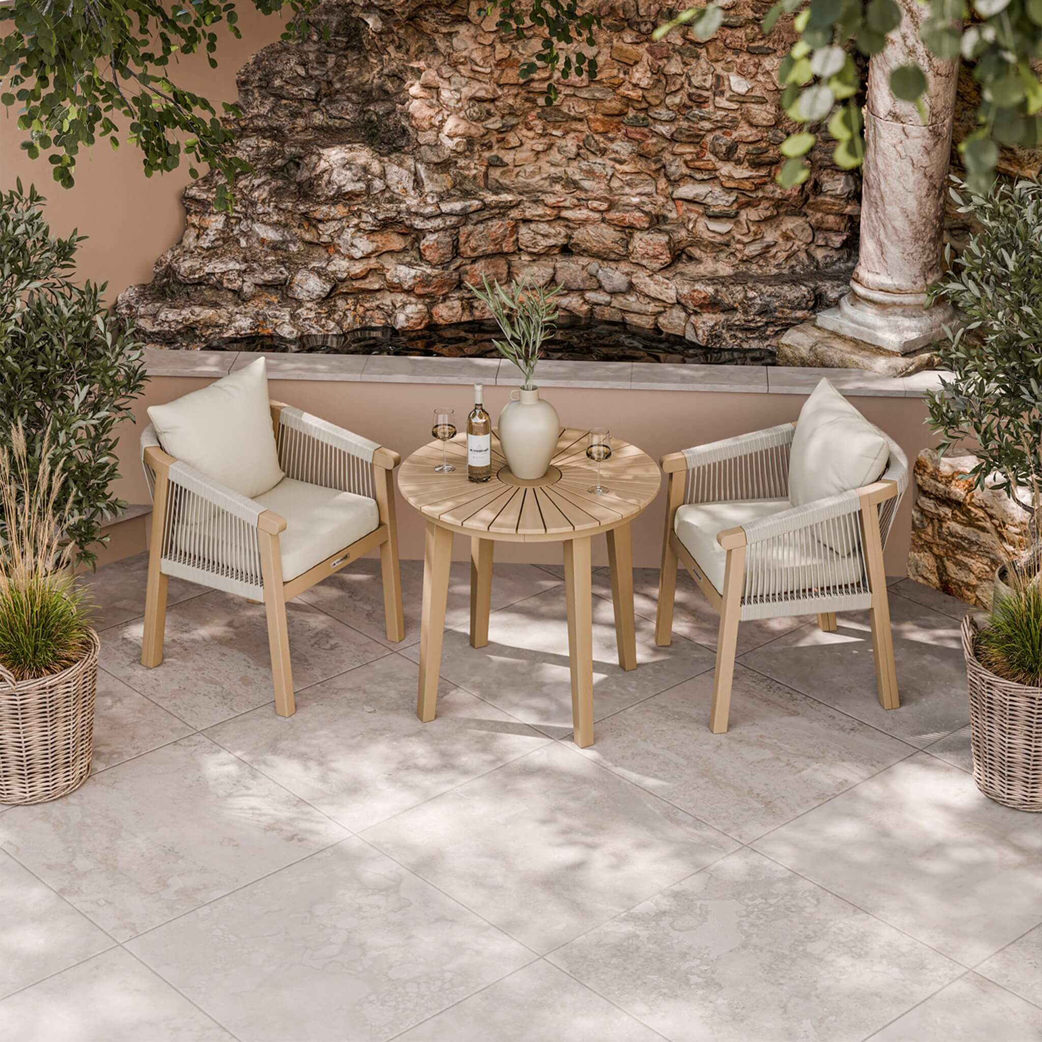 Roma Outdoor 2 Seater Round Bistro Table and Dining Chairs - Beige