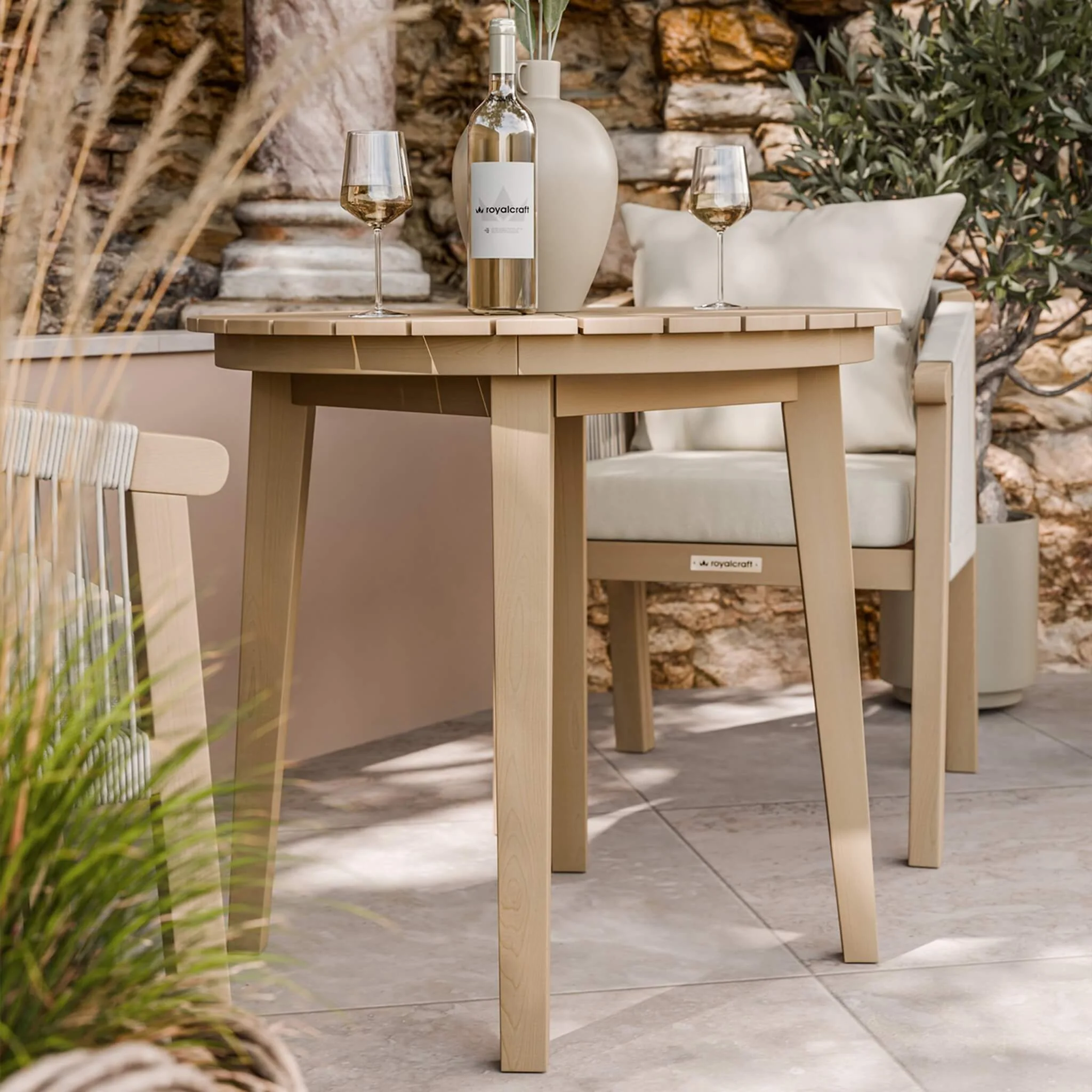 Roma Outdoor 2 Seater Round Bistro Table and Dining Chairs - Beige - Image 4