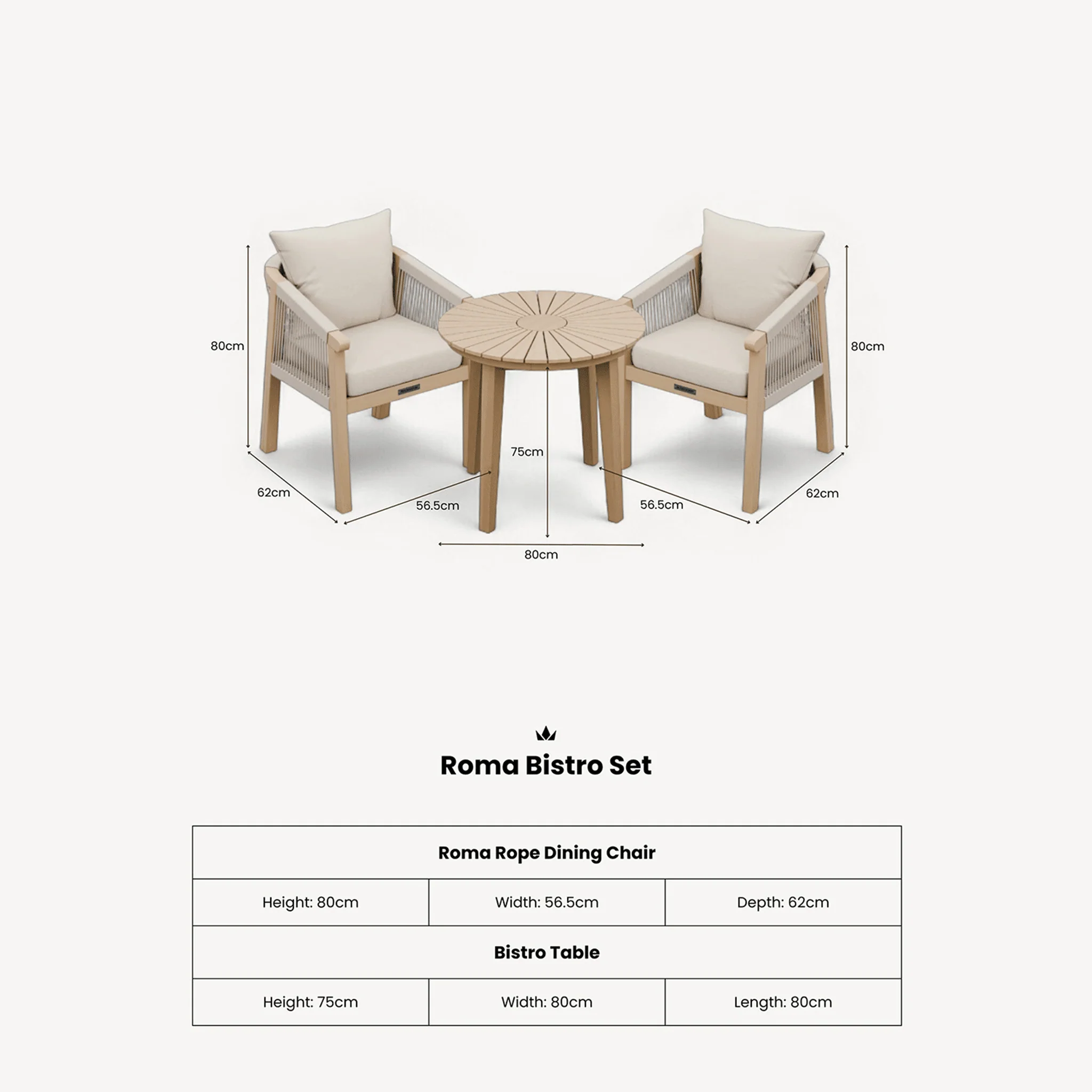 Roma Outdoor 2 Seater Round Bistro Table and Dining Chairs - Beige - Image 8