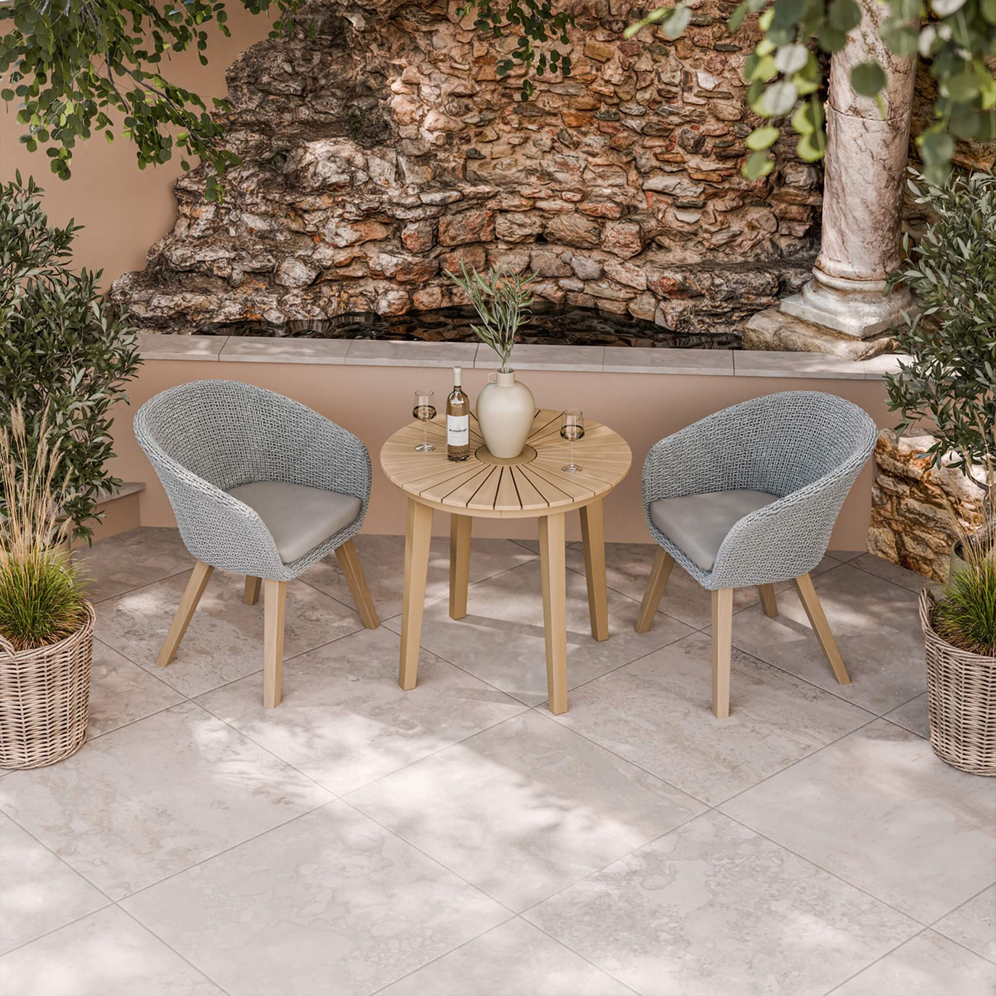 Roma Outdoor 2 Seater Round Bistro Table and Sol Dining Chairs - Beige