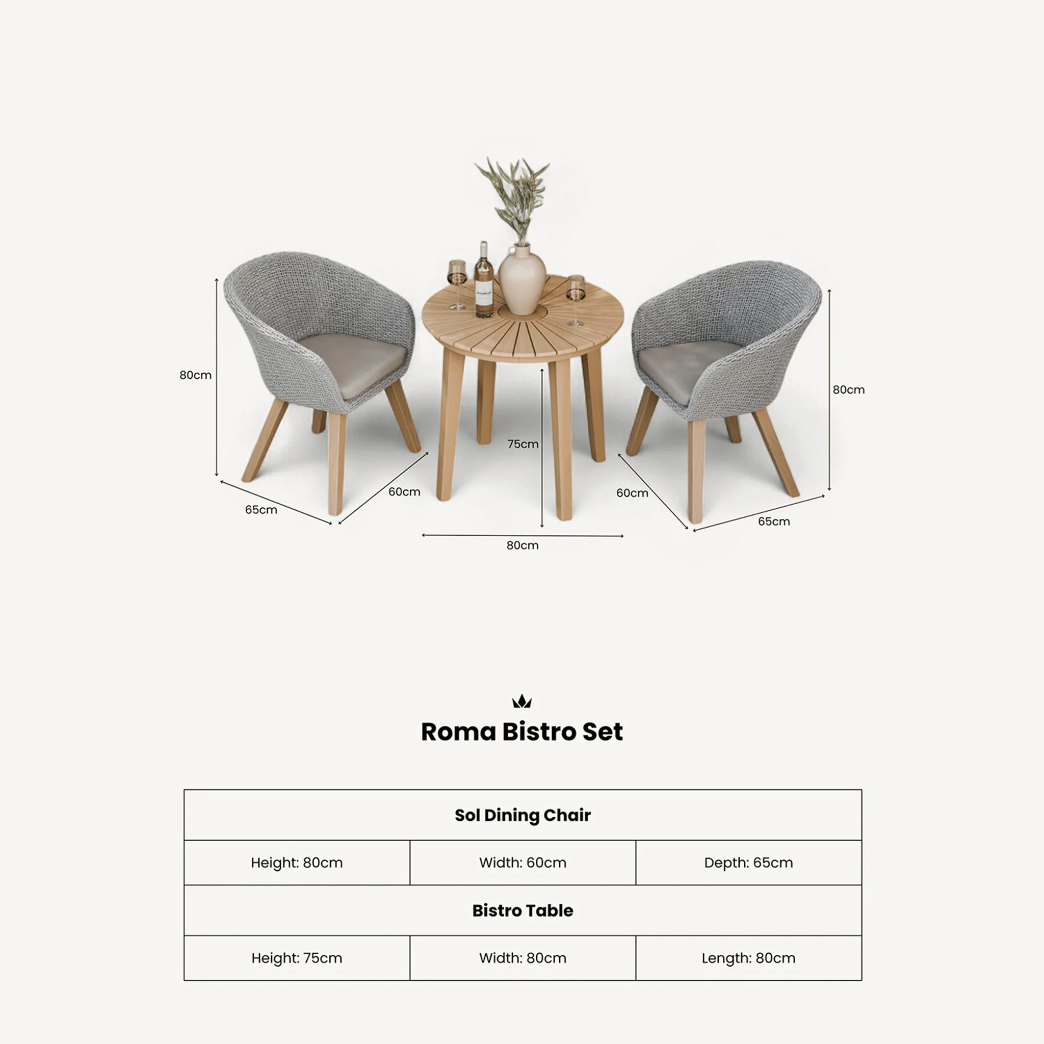 Roma Outdoor 2 Seater Round Bistro Table and Sol Dining Chairs - Beige - Image 8