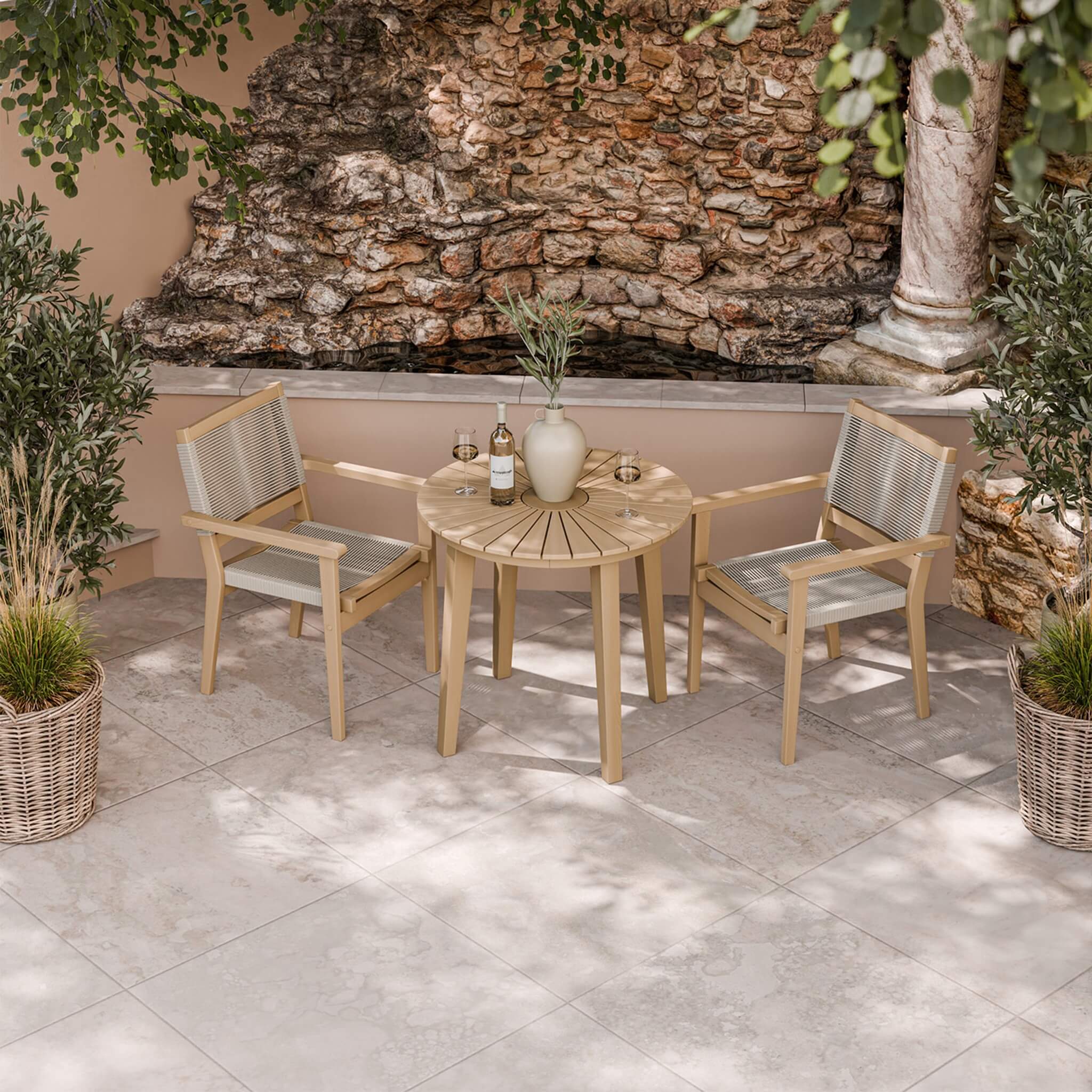 Roma Outdoor 2 Seater Round Bistro Table and Stacking Chairs - Beige