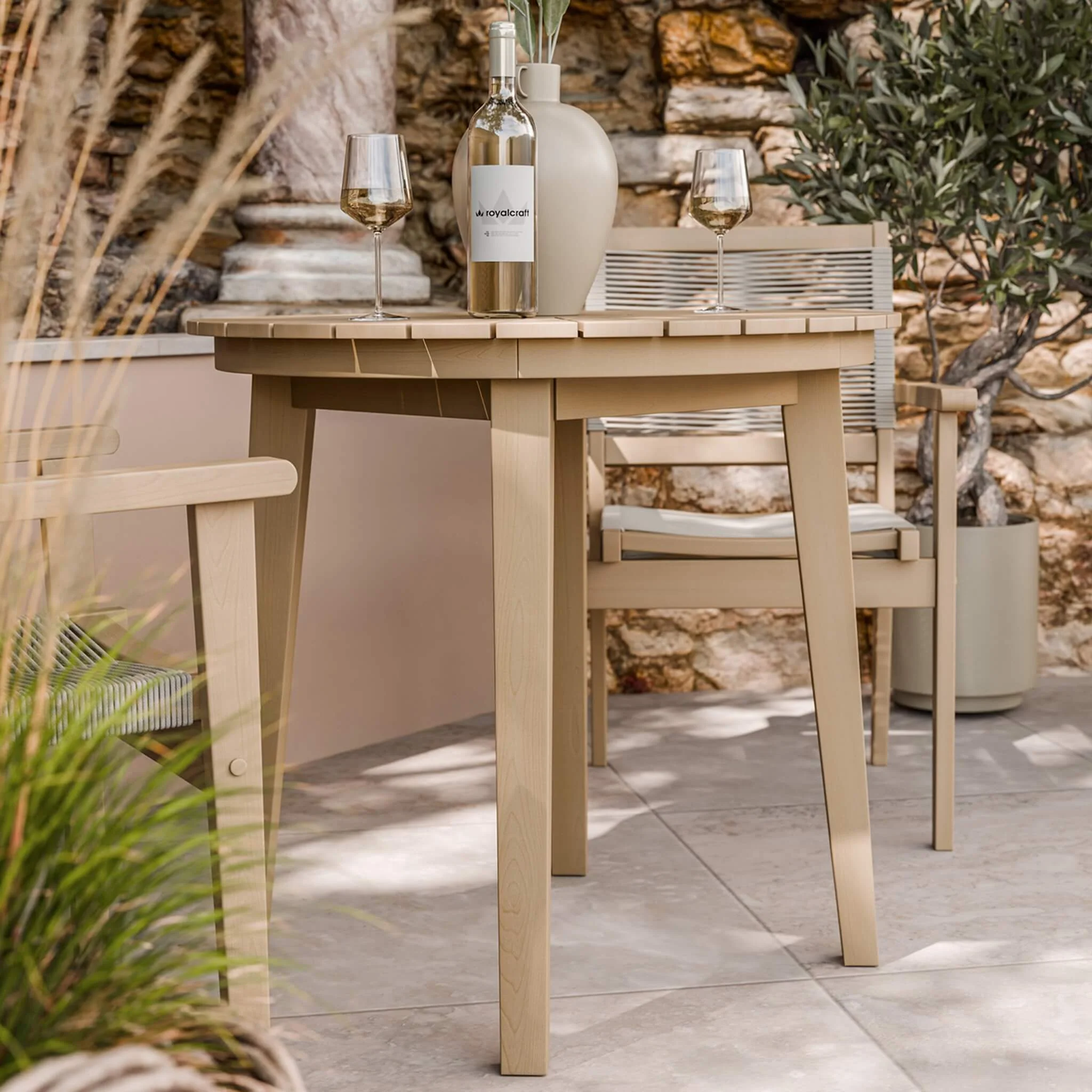 Roma Outdoor 2 Seater Round Bistro Table and Stacking Chairs - Beige - Image 3