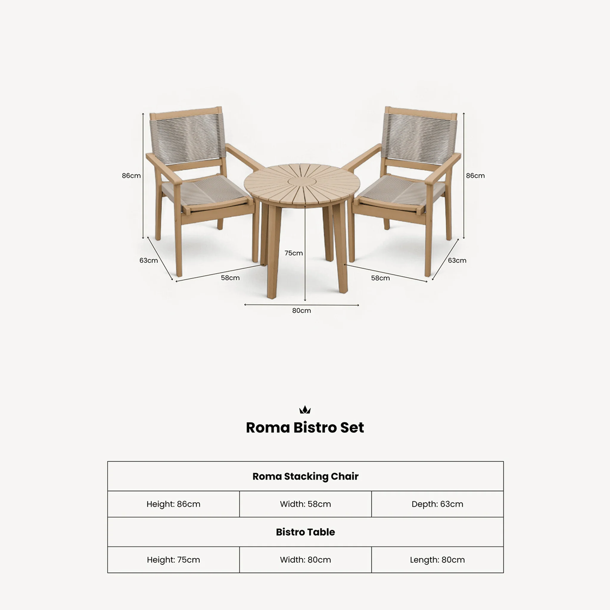 Roma Outdoor 2 Seater Round Bistro Table and Stacking Chairs - Beige - Image 8