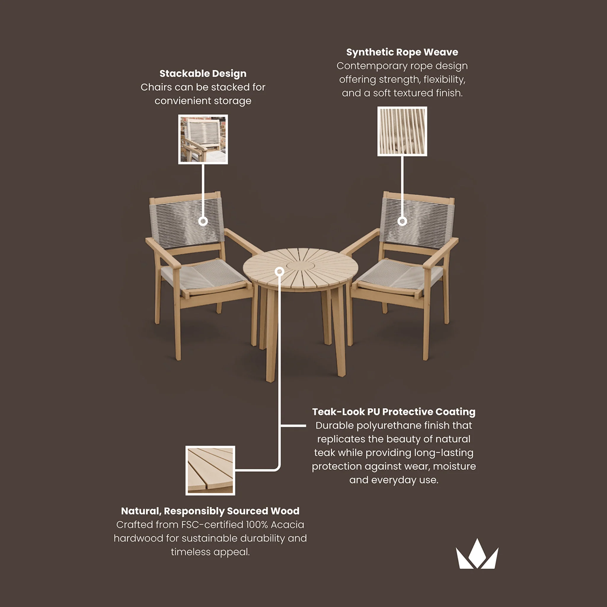 Roma Outdoor 2 Seater Round Bistro Table and Stacking Chairs - Beige - Image 9