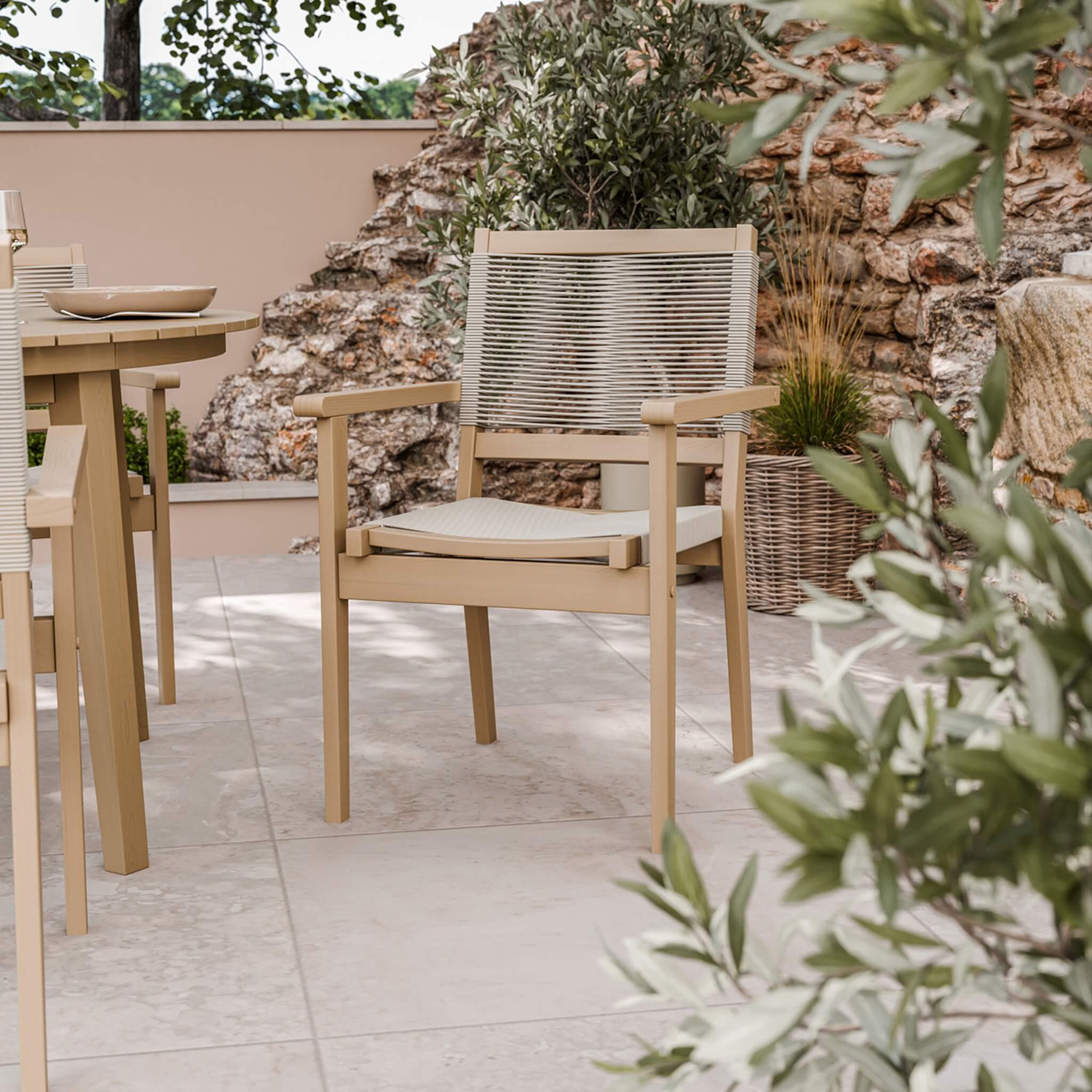 Roma Outdoor 4 Seater Round Dining Table and Stacking Chairs - Beige - Image 2