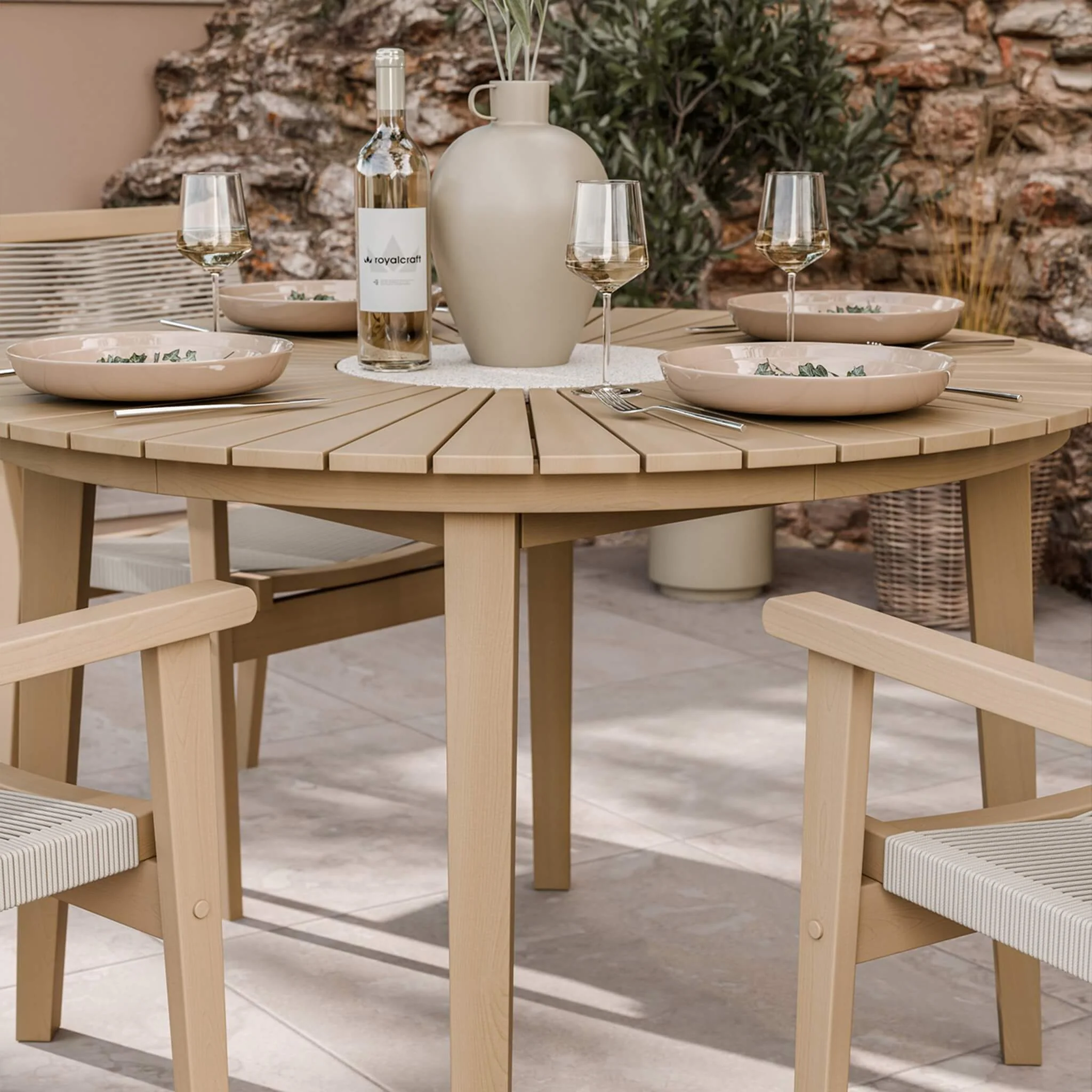 Roma Outdoor 4 Seater Round Dining Table and Stacking Chairs - Beige - Image 3