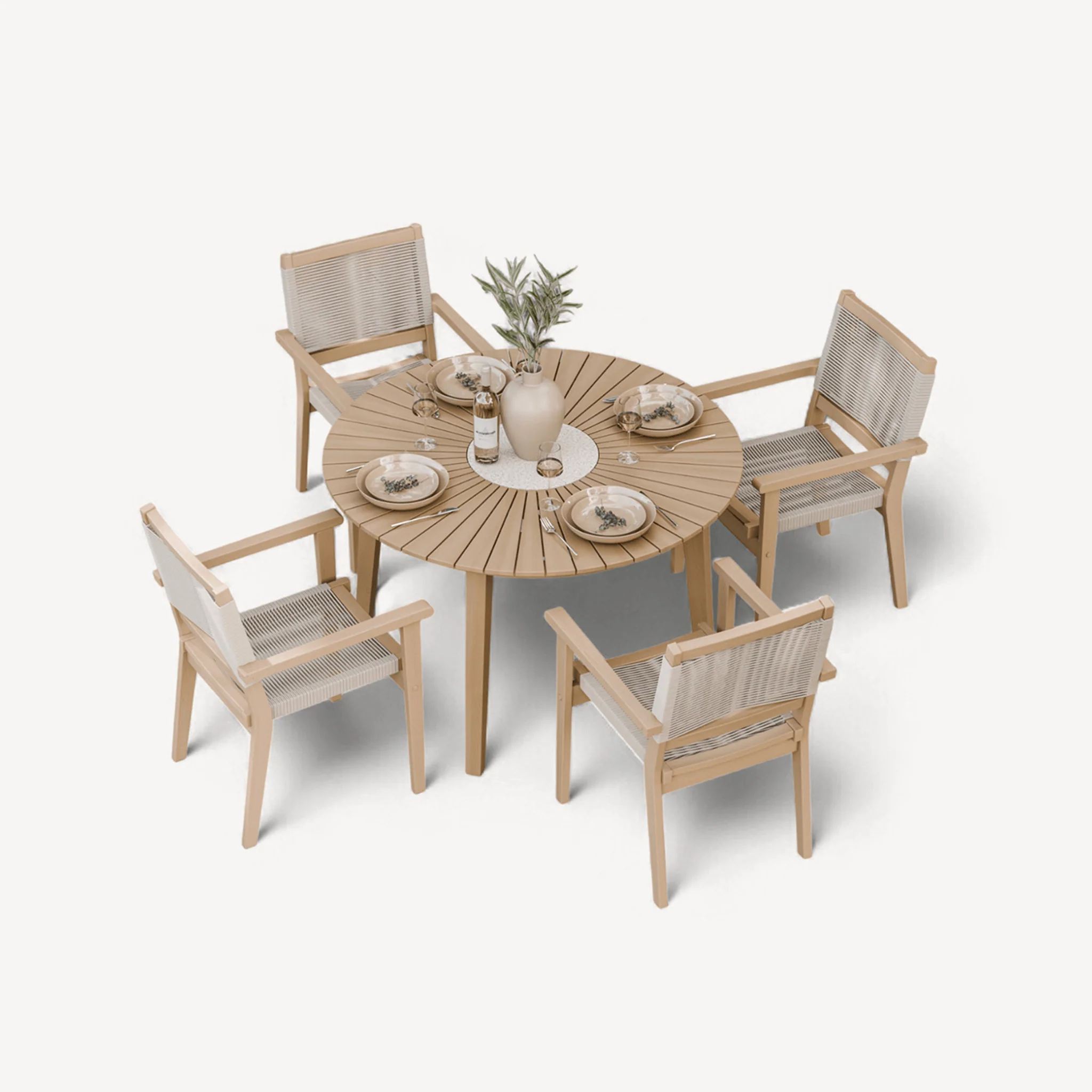 Roma Outdoor 4 Seater Round Dining Table and Stacking Chairs - Beige - Image 5