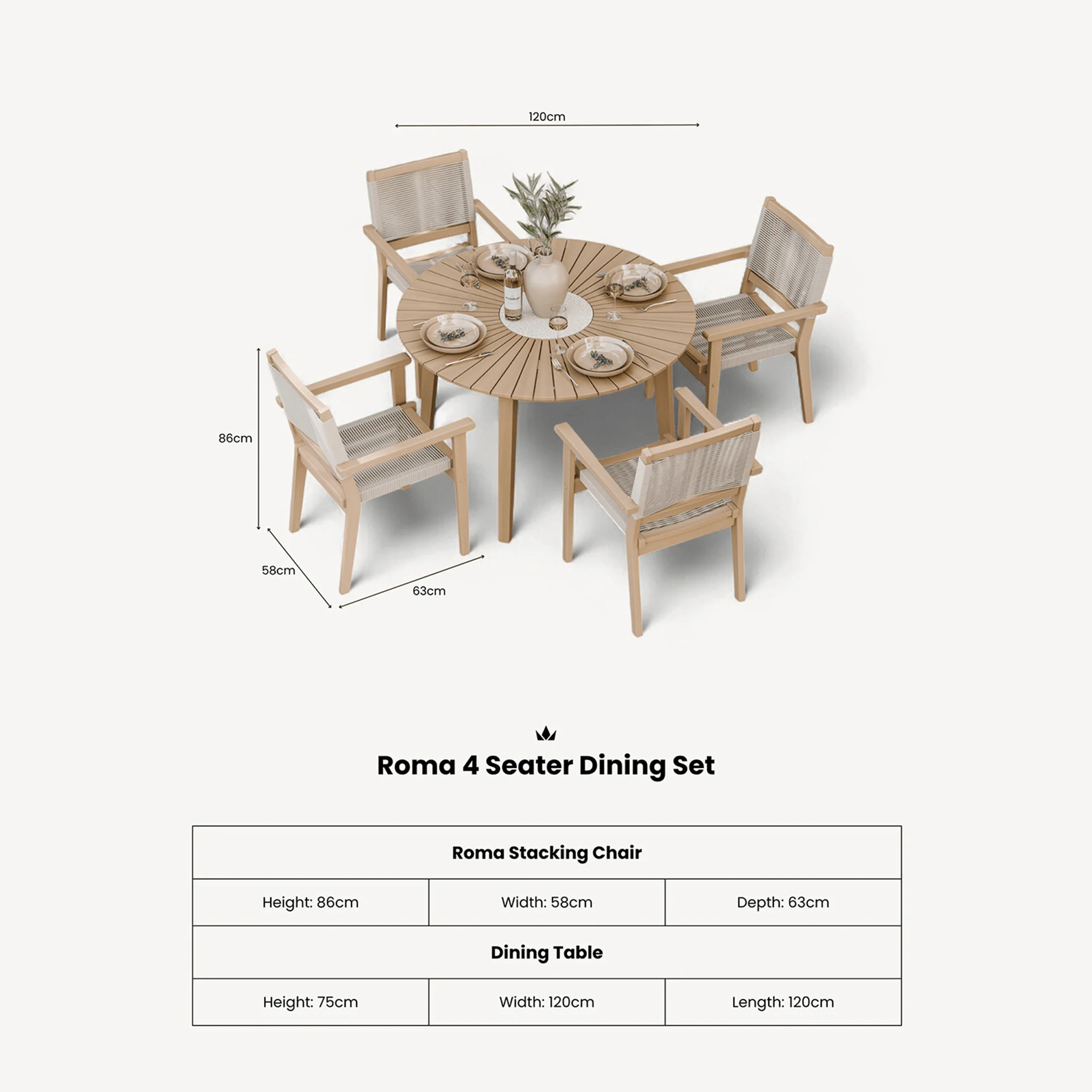 Roma Outdoor 4 Seater Round Dining Table and Stacking Chairs - Beige - Image 8