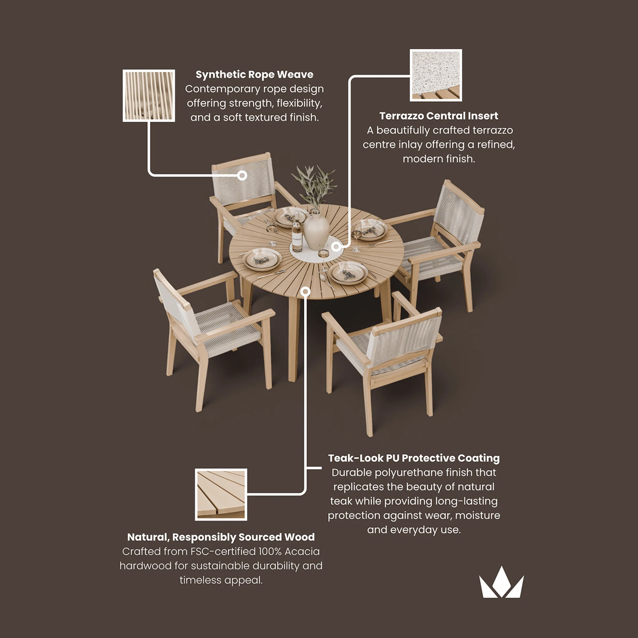 Roma Outdoor 4 Seater Round Dining Table and Stacking Chairs - Beige - Image 9
