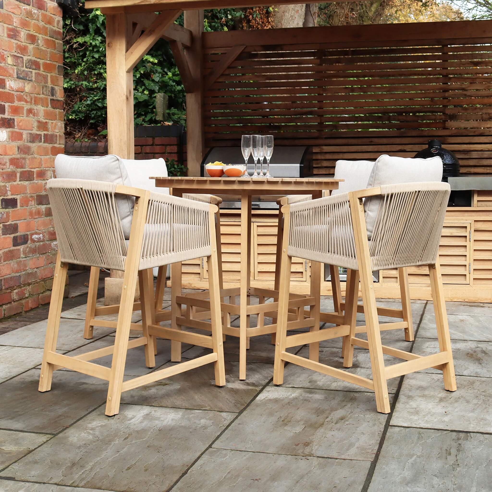 Roma Outdoor 4 Seater Round High Bar Table and Deluxe Barstools - Beige