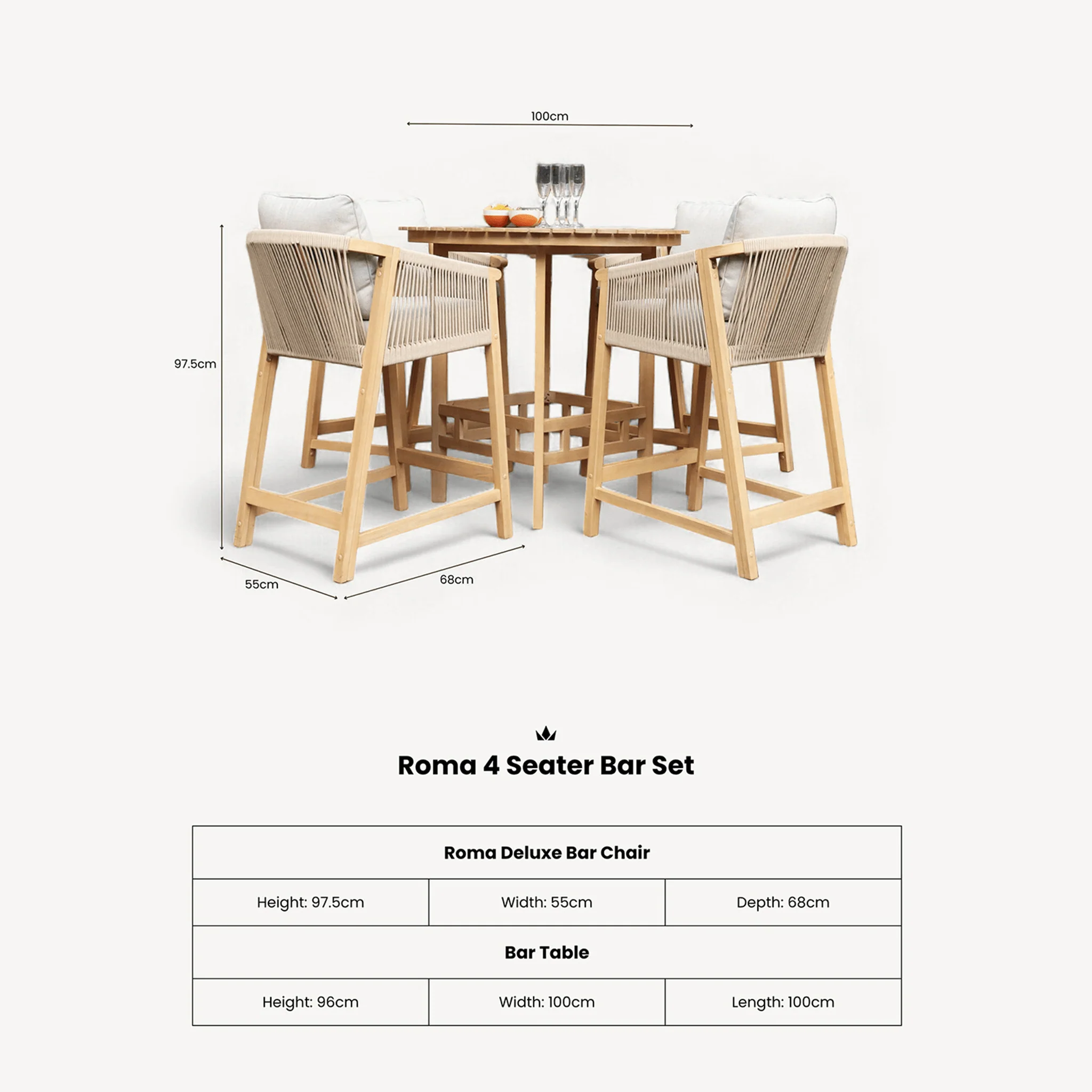 Roma Outdoor 4 Seater Round High Bar Table and Deluxe Barstools - Beige - Image 6