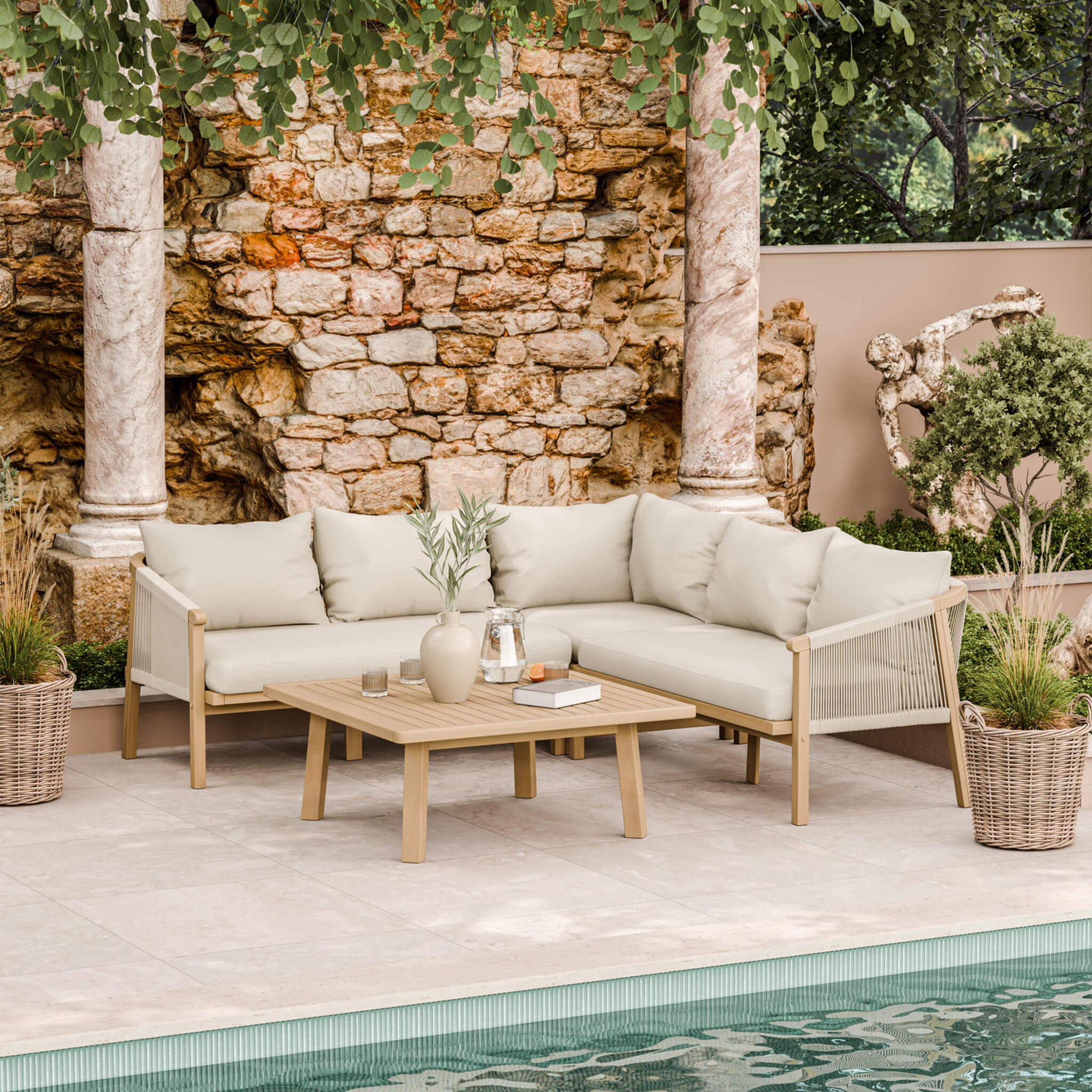 Roma Outdoor 5 Seater Corner Lounge Set with Coffee Table - Beige