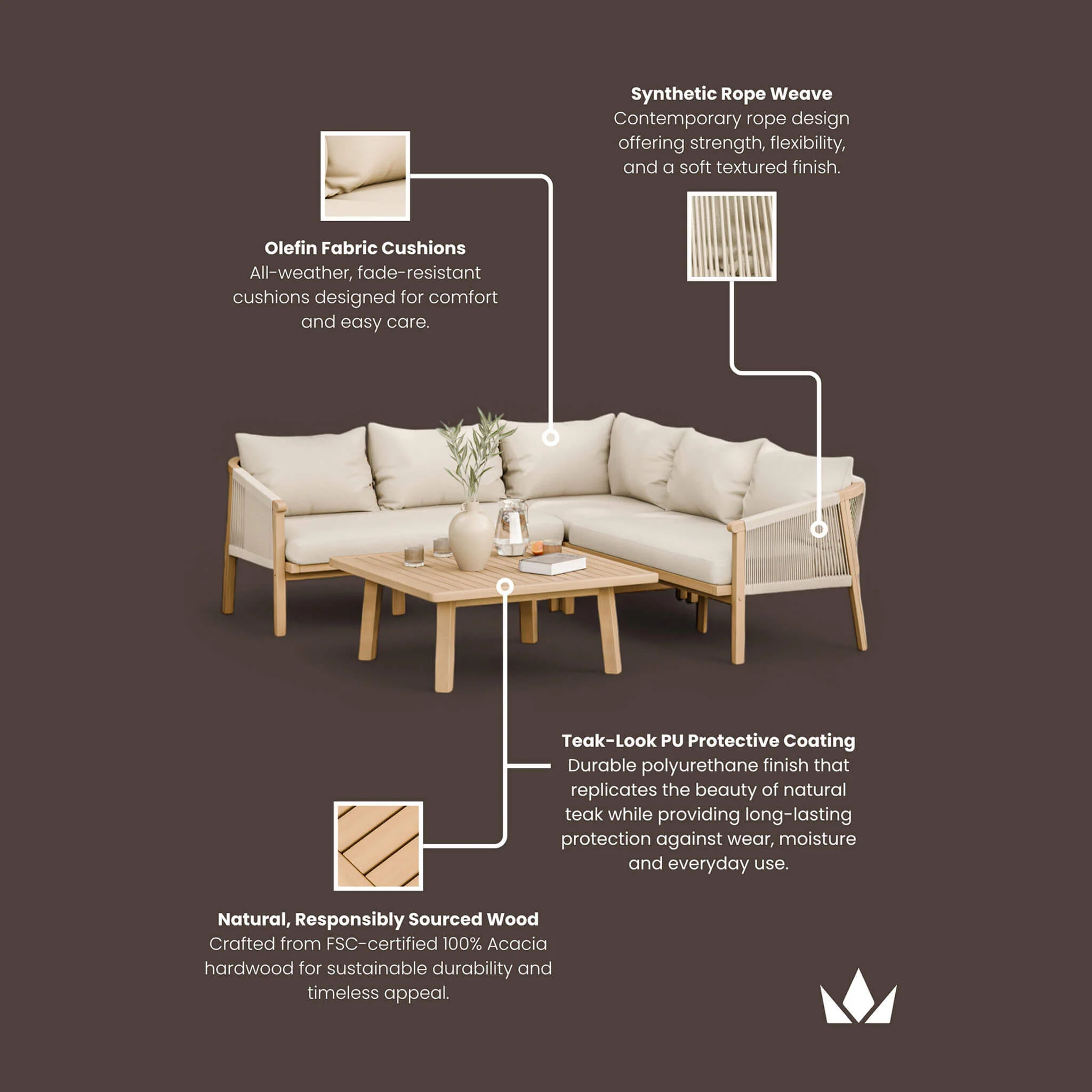Roma Outdoor 5 Seater Corner Lounge Set with Coffee Table - Beige - Image 10