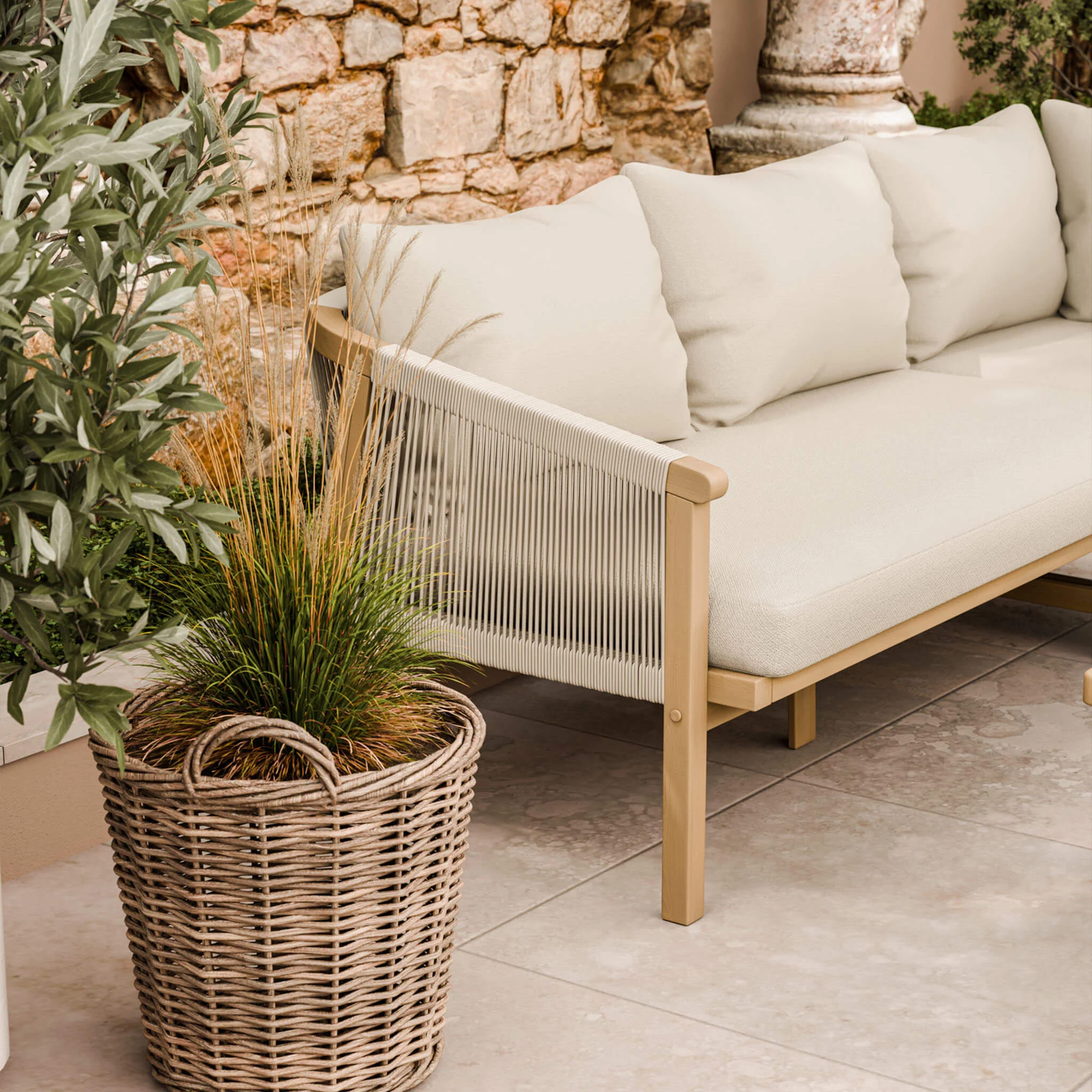 Roma Outdoor 5 Seater Corner Lounge Set with Coffee Table - Beige - Image 2