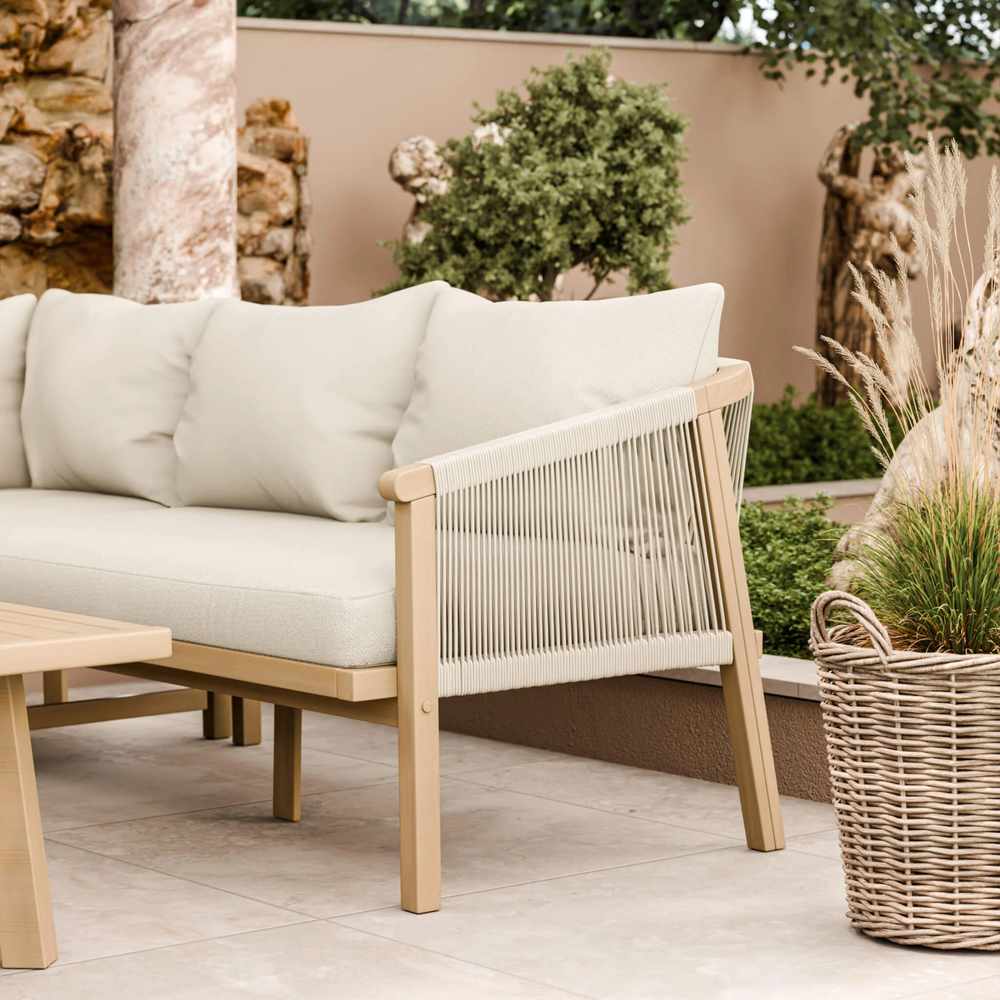 Roma Outdoor 5 Seater Corner Lounge Set with Coffee Table - Beige - Image 3
