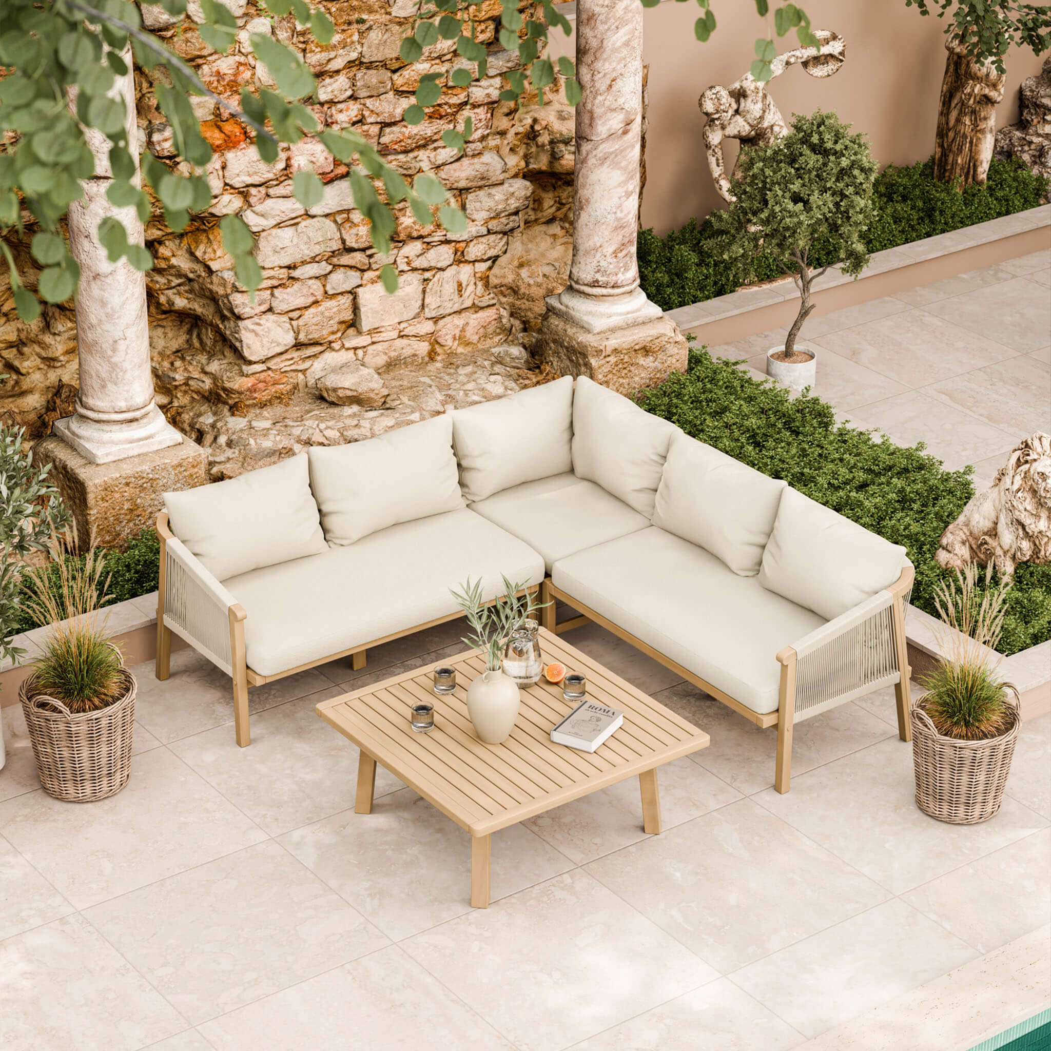 Roma Outdoor 5 Seater Corner Lounge Set with Coffee Table - Beige - Image 4