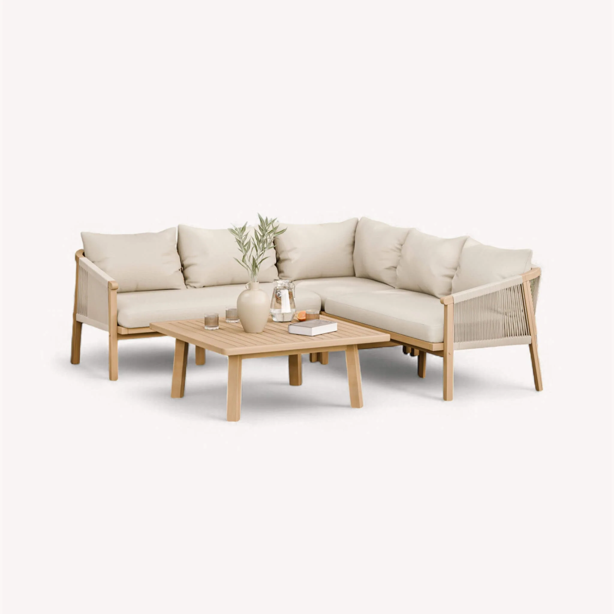 Roma Outdoor 5 Seater Corner Lounge Set with Coffee Table - Beige - Image 6
