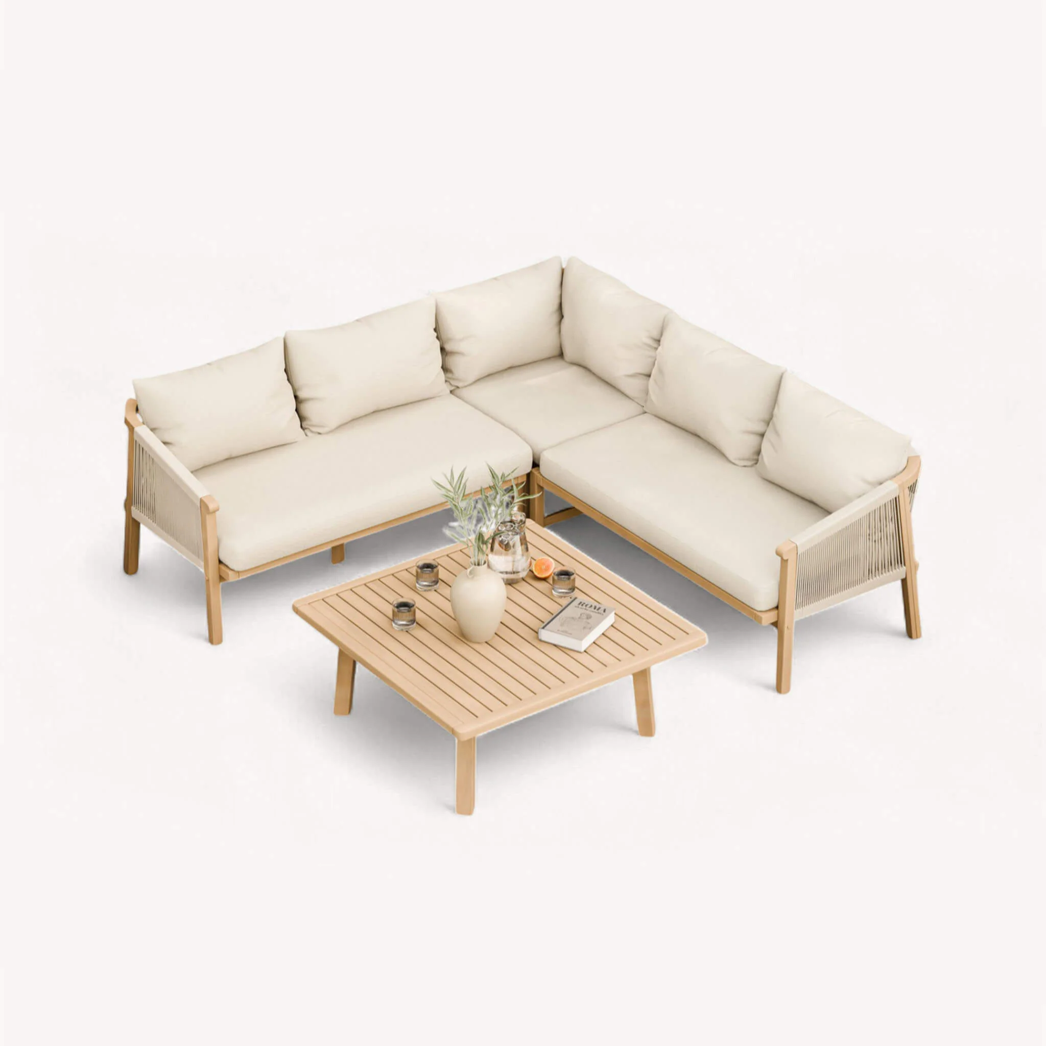 Roma Outdoor 5 Seater Corner Lounge Set with Coffee Table - Beige - Image 8